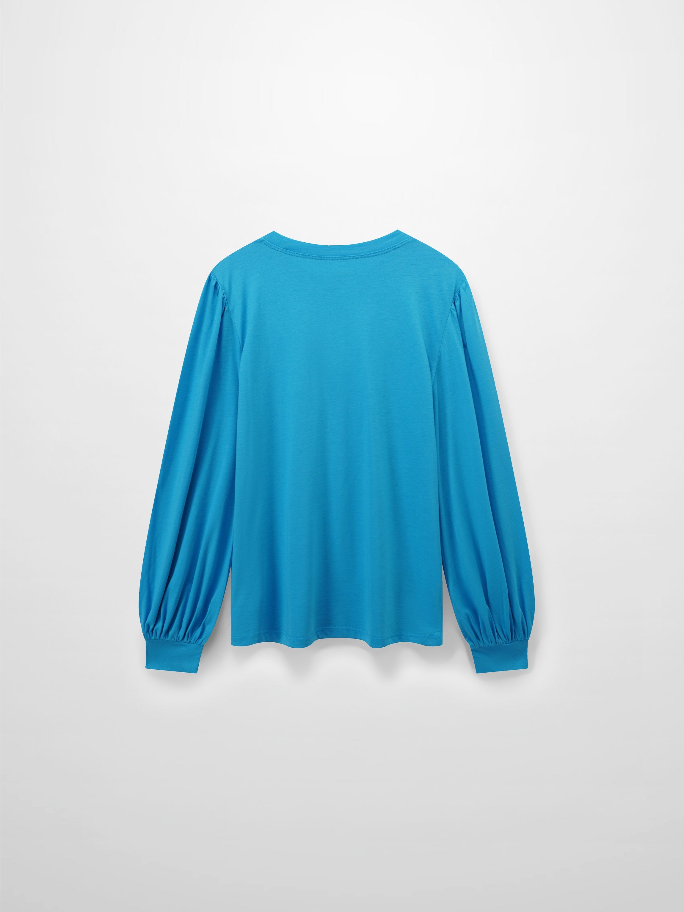 A full, back view of the bright blue, long-sleeved shirt. The puffed shoulders and voluminous, gathered sleeves are visible from behind.