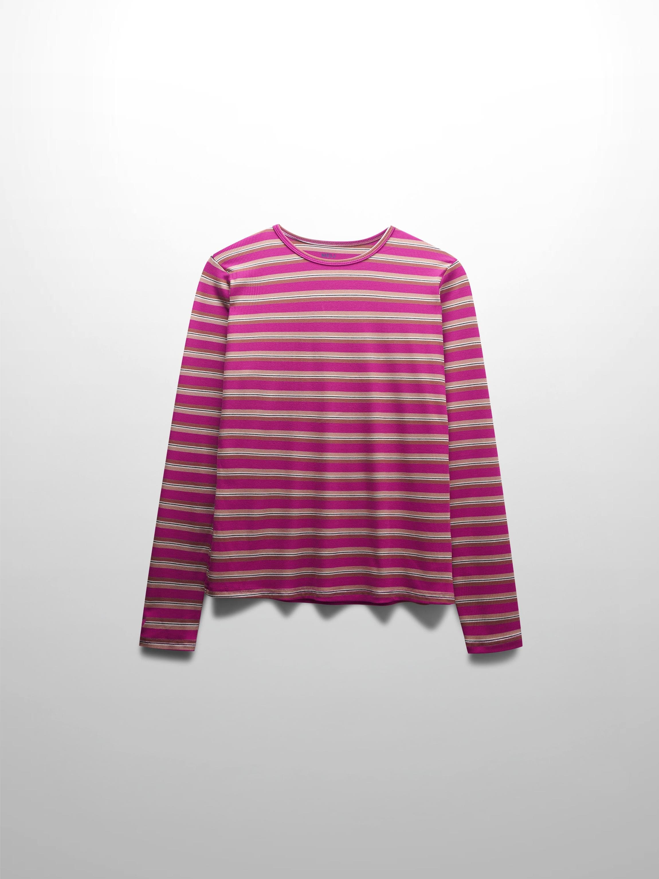 Multi Striped Ribbed Crew-Hot Pink/Tan