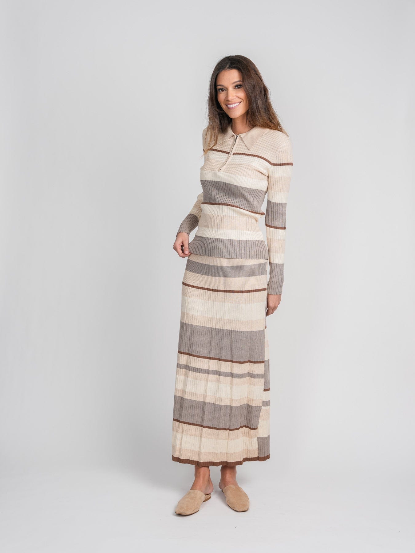 RIBBED STRIPED SKIRT-BEIGE