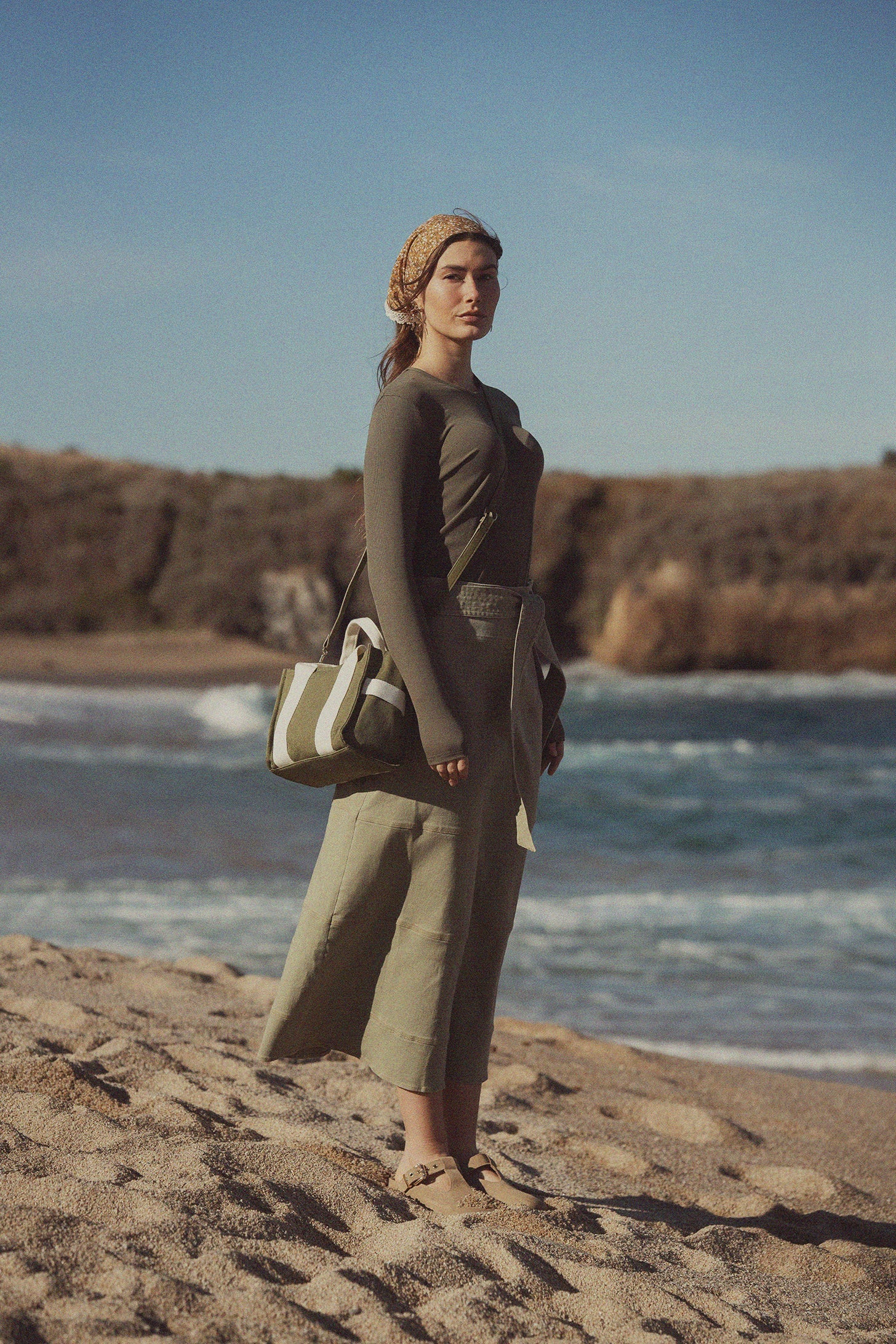 Stitched Tiered Belted Denim Skirt-Sage Green