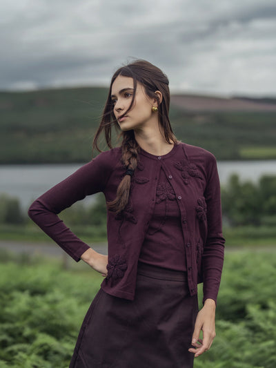 Crochet Puff Flower Sweater Set-Plum