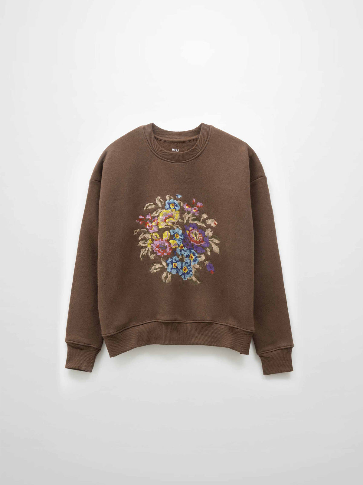 Cross Stitch Floral Sweatshirt-Brown