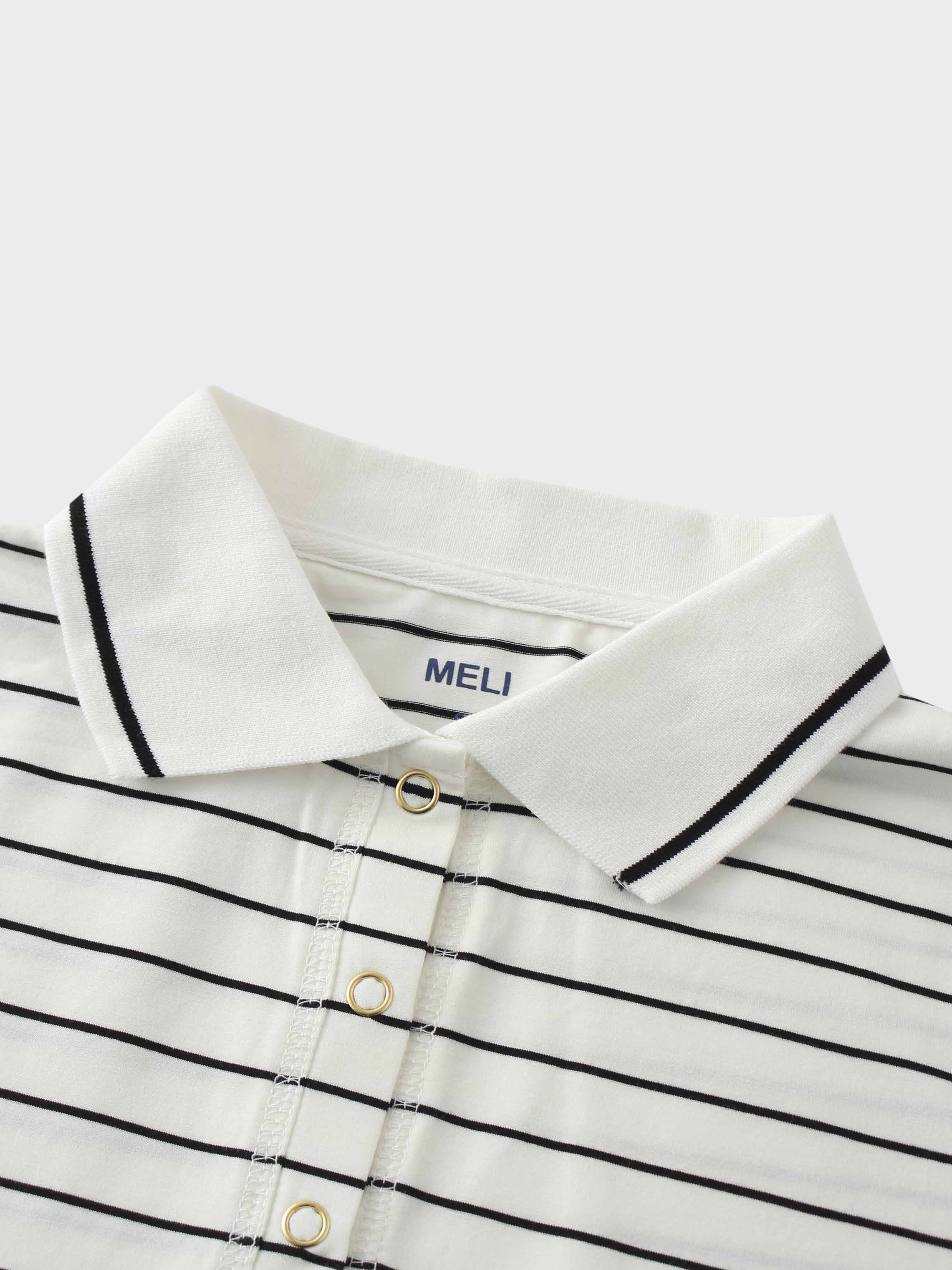 Striped Collar Snap Tee-Ivory/Black