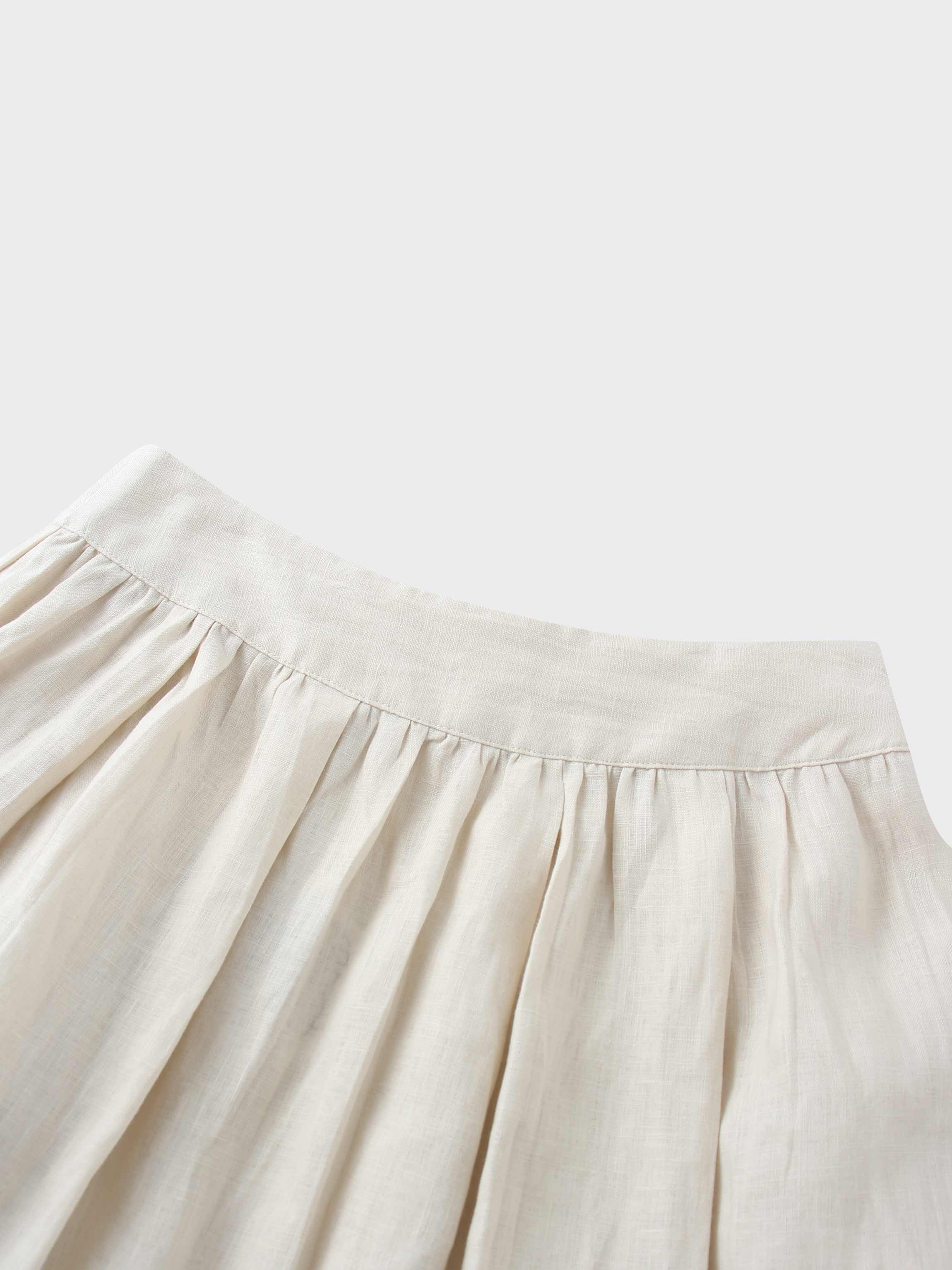 Gathered Waist Linen Skirt-Ecru