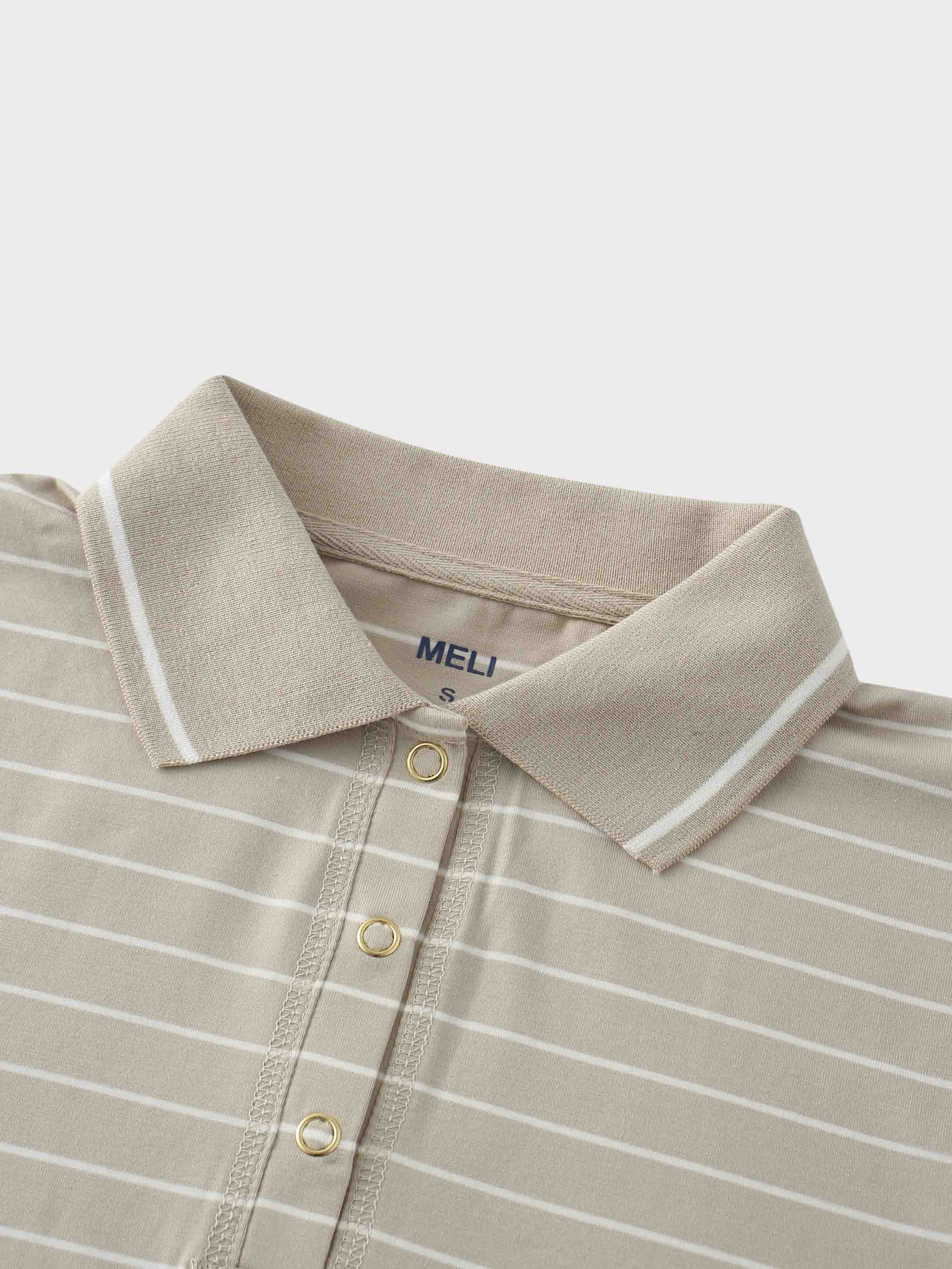 Striped Collar Snap Tee-Tan/White