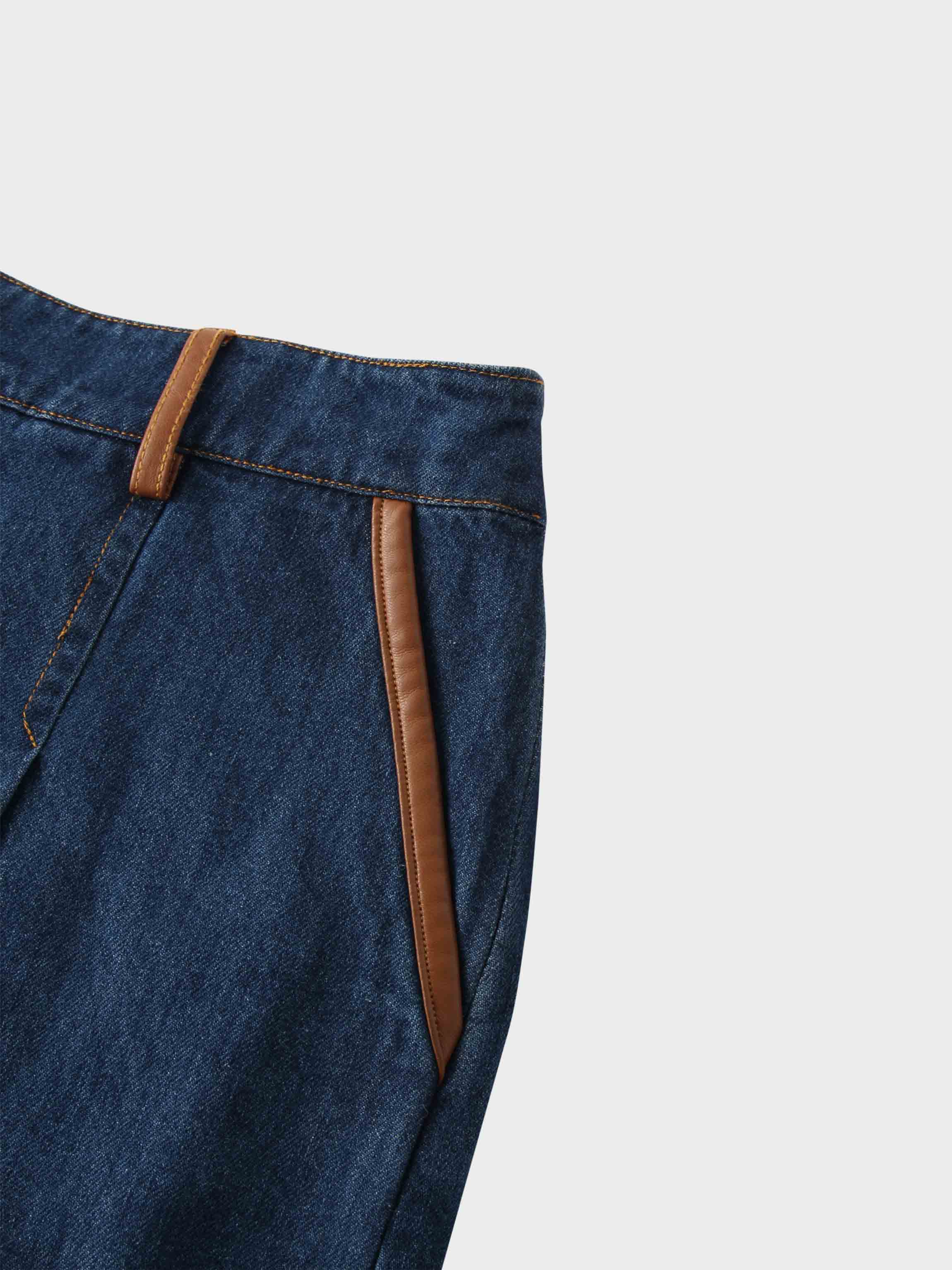 Leather Trim Denim Skirt-Blue