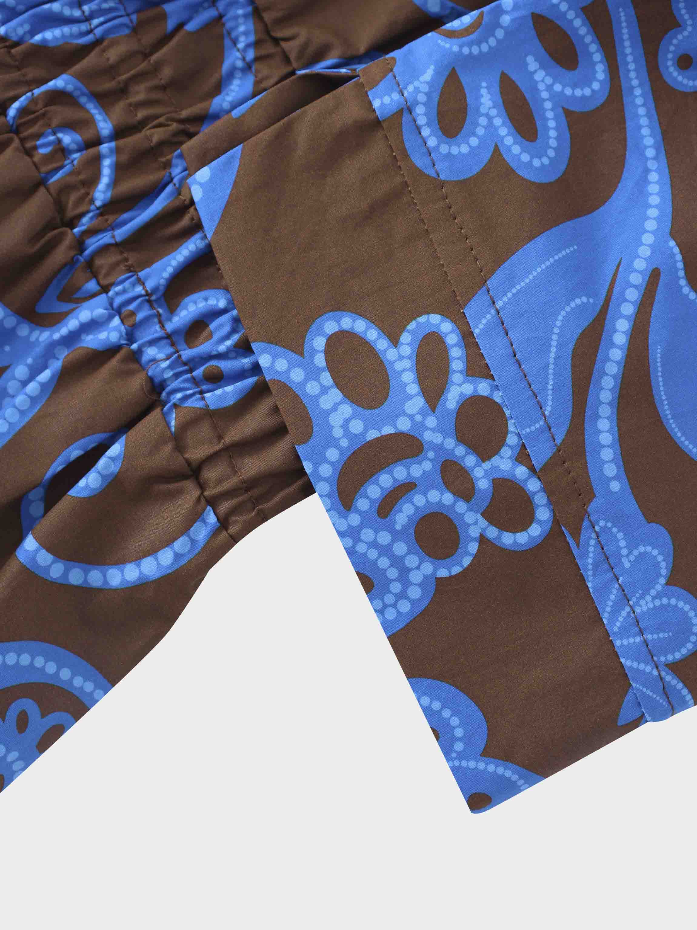 Elastic Waist Tiered Shirtdress-Brown/Blue Floral