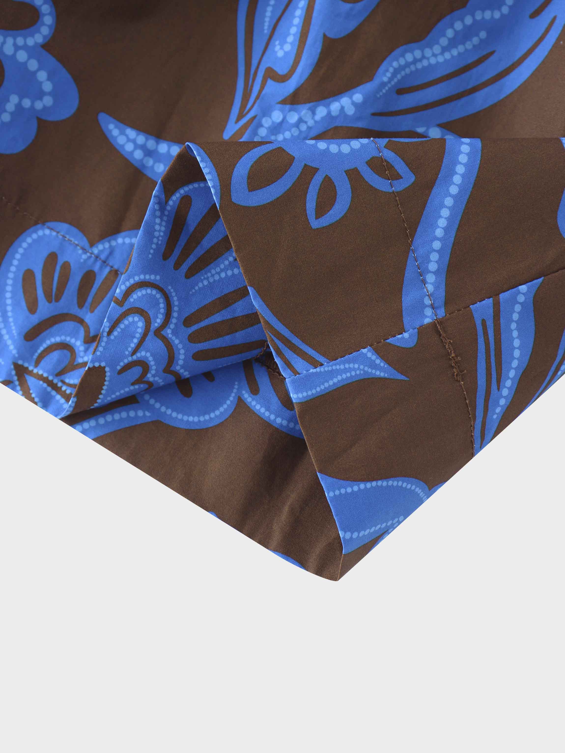 Elastic Waist Tiered Shirtdress-Brown/Blue Floral