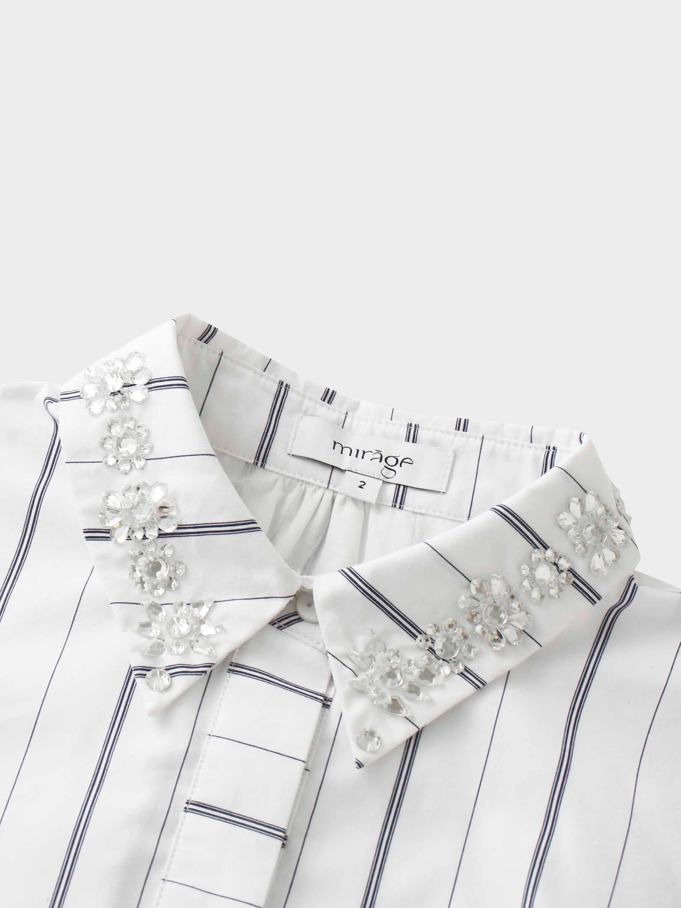 Jeweled Collar Belted Shirtdress-White Pinstripe