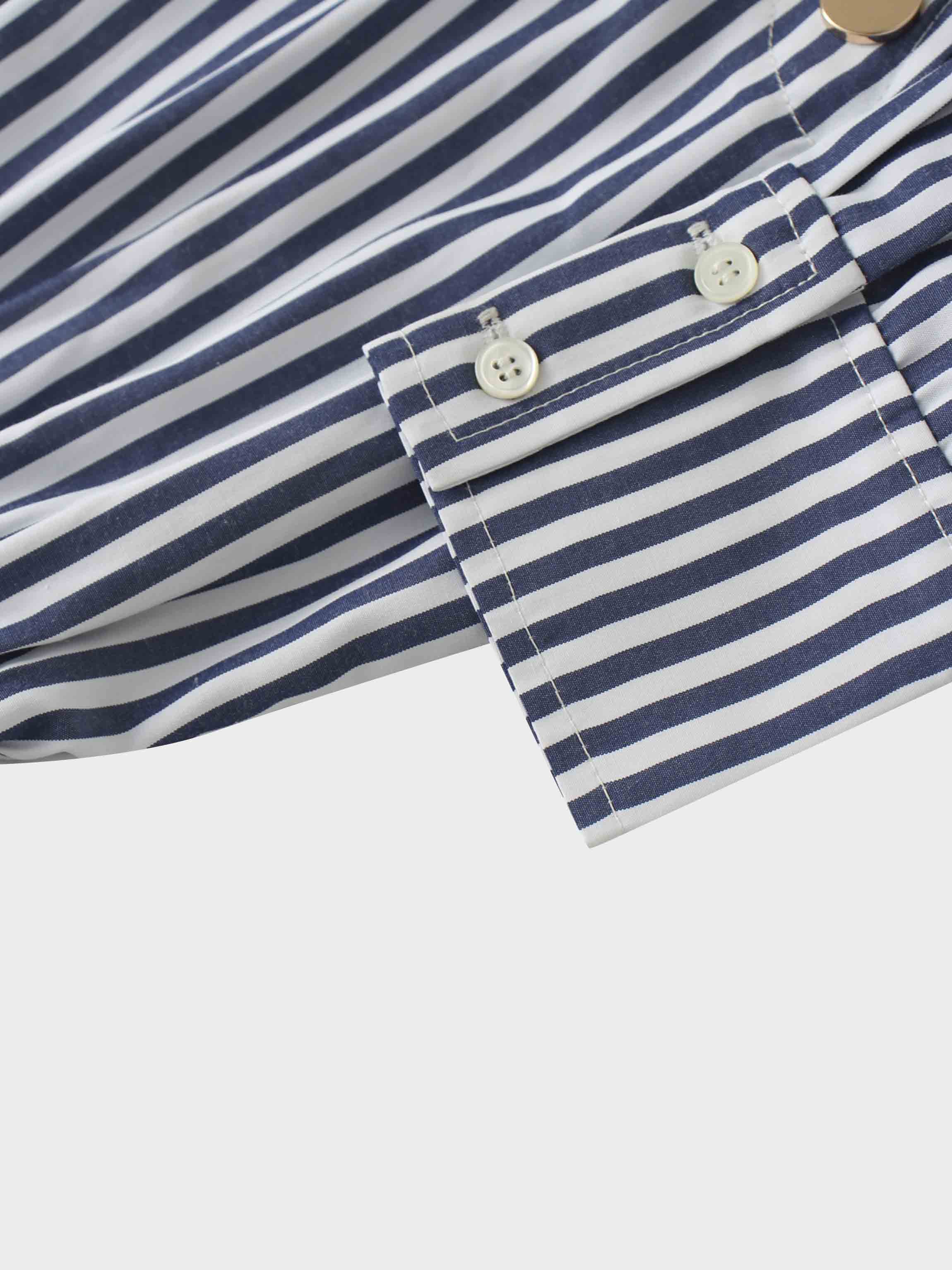 Pleat Bottom Waisted Shirtdress-Navy Pinstripe