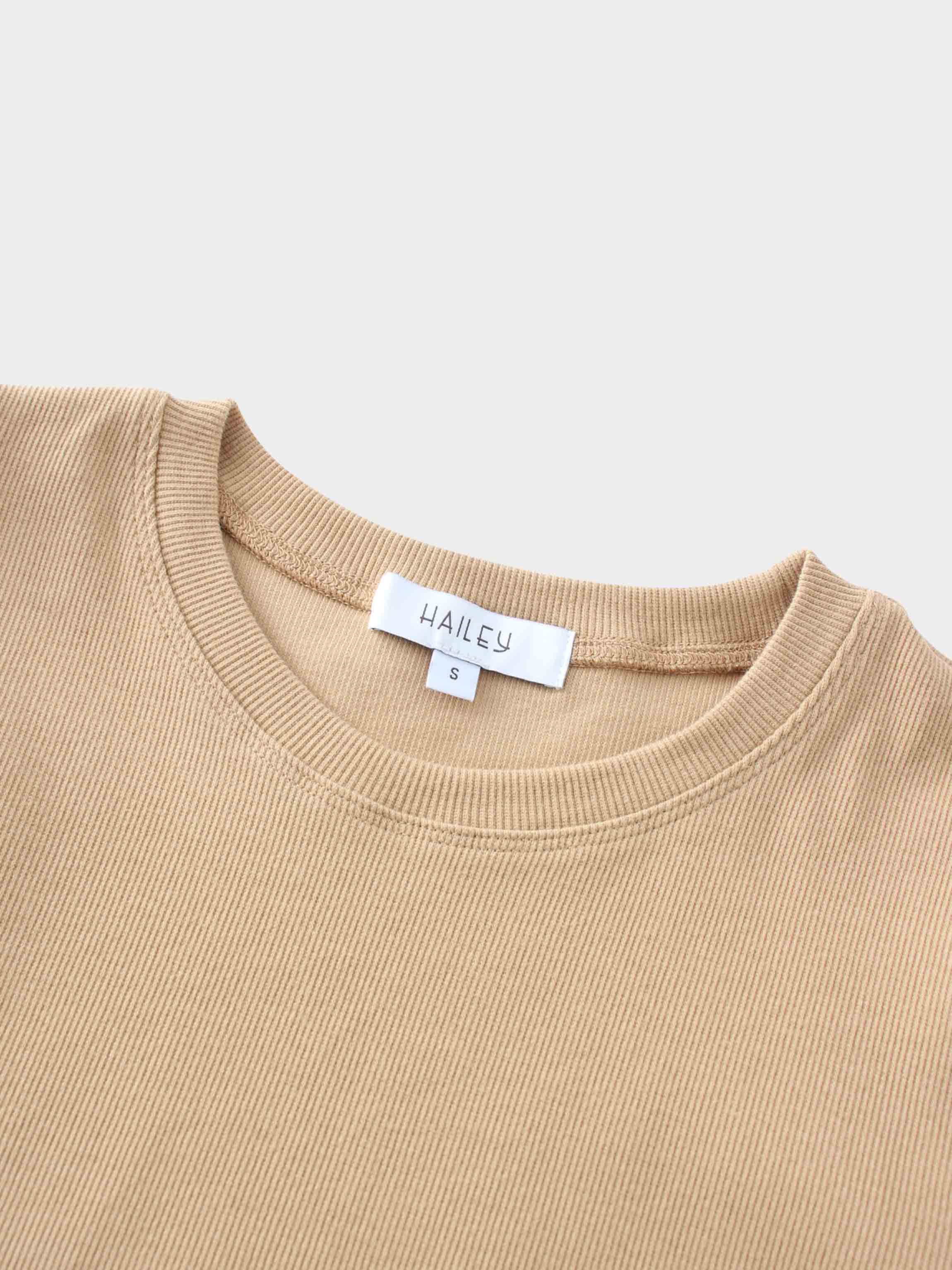 Ribbed Crew Neck Puff Sleeve Top-Tan