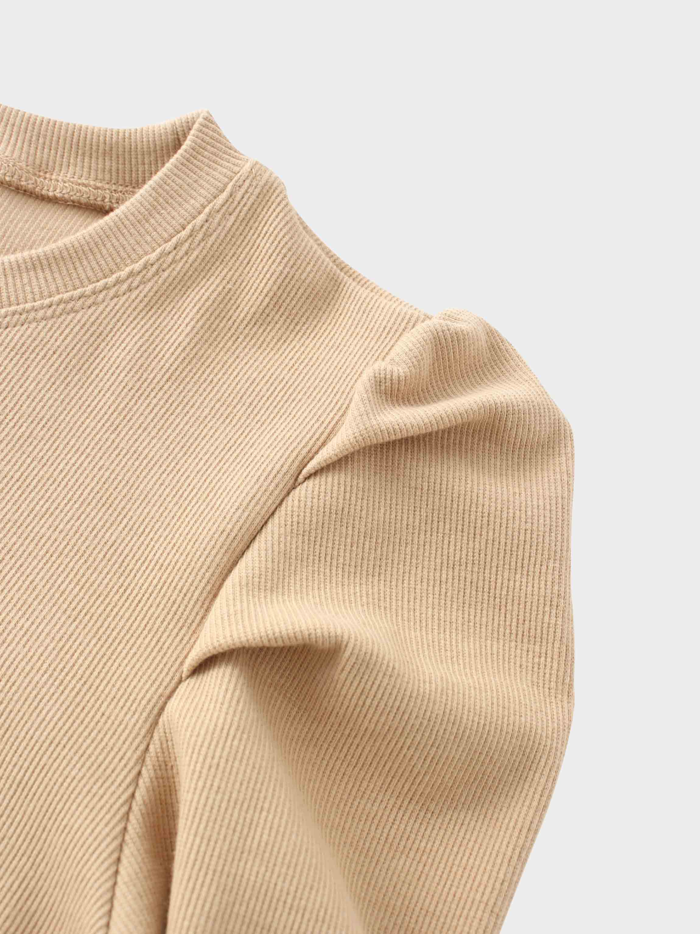 Ribbed Crew Neck Puff Sleeve Top-Tan