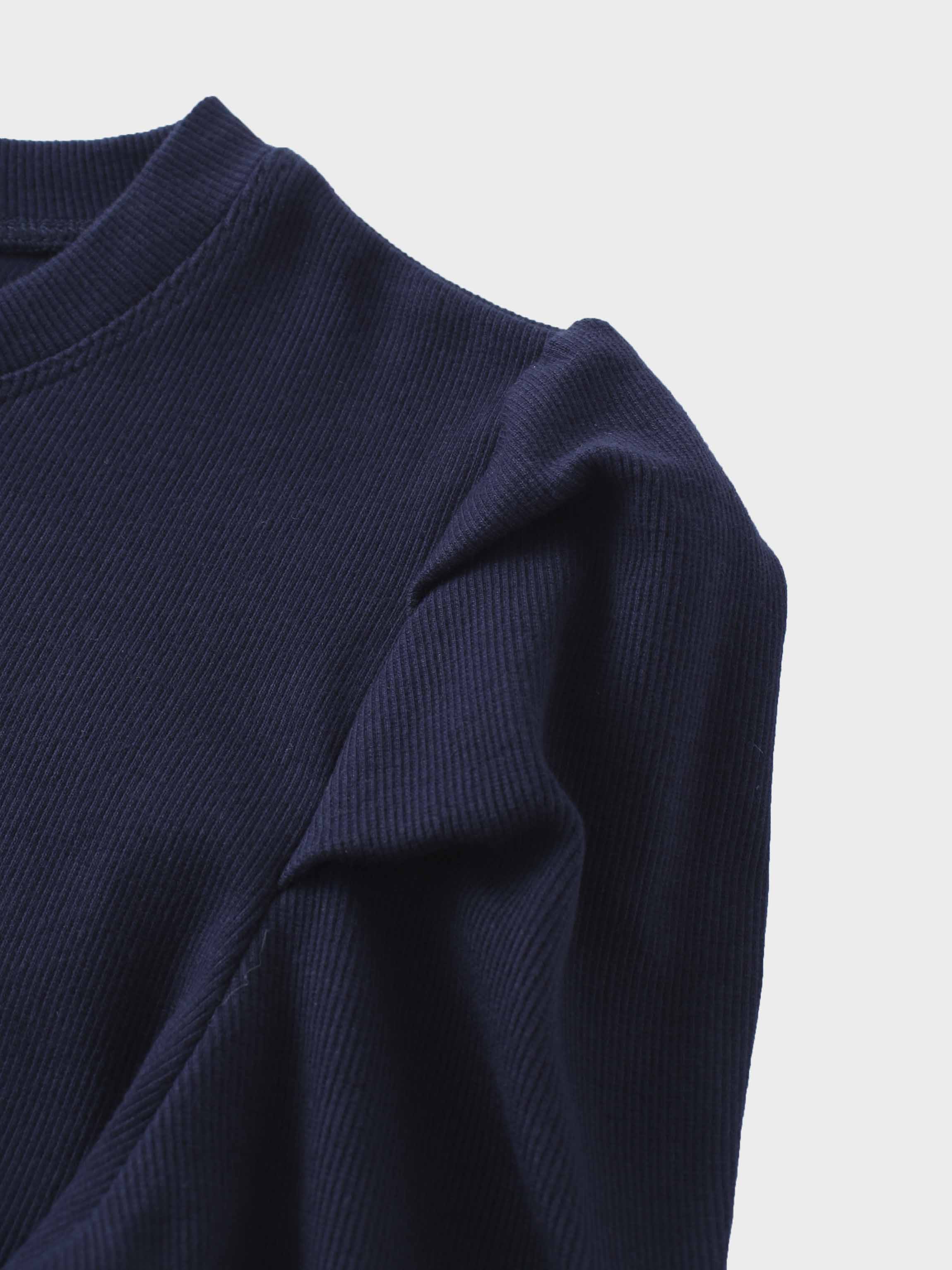 Ribbed Crew Neck Puff Sleeve Top-Navy
