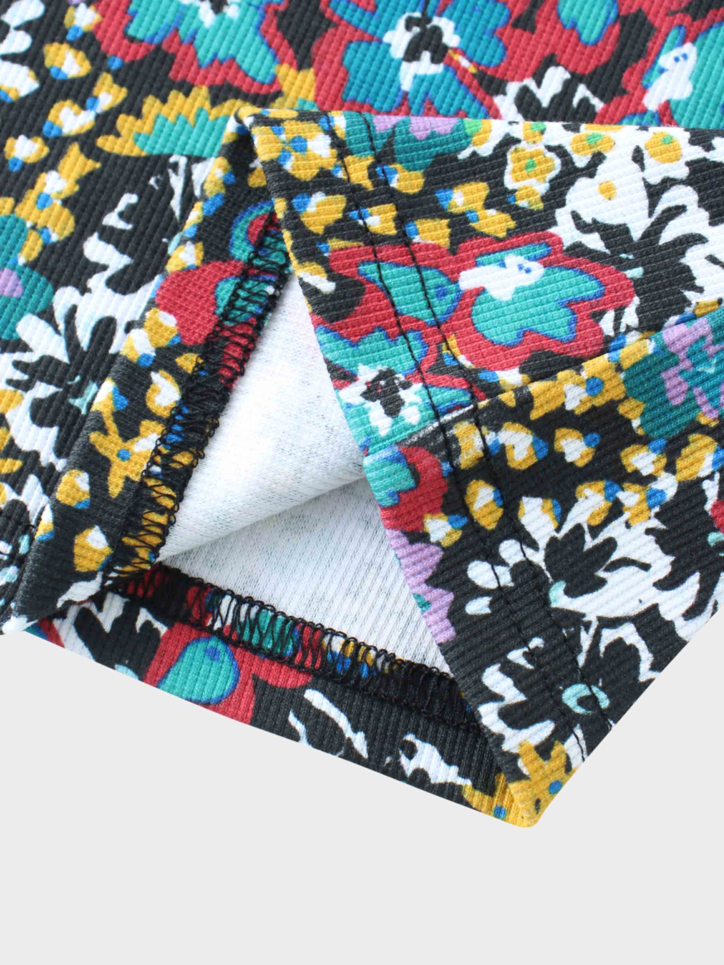 Ribbed Crew Neck Puff Sleeve Top-Colored Floral