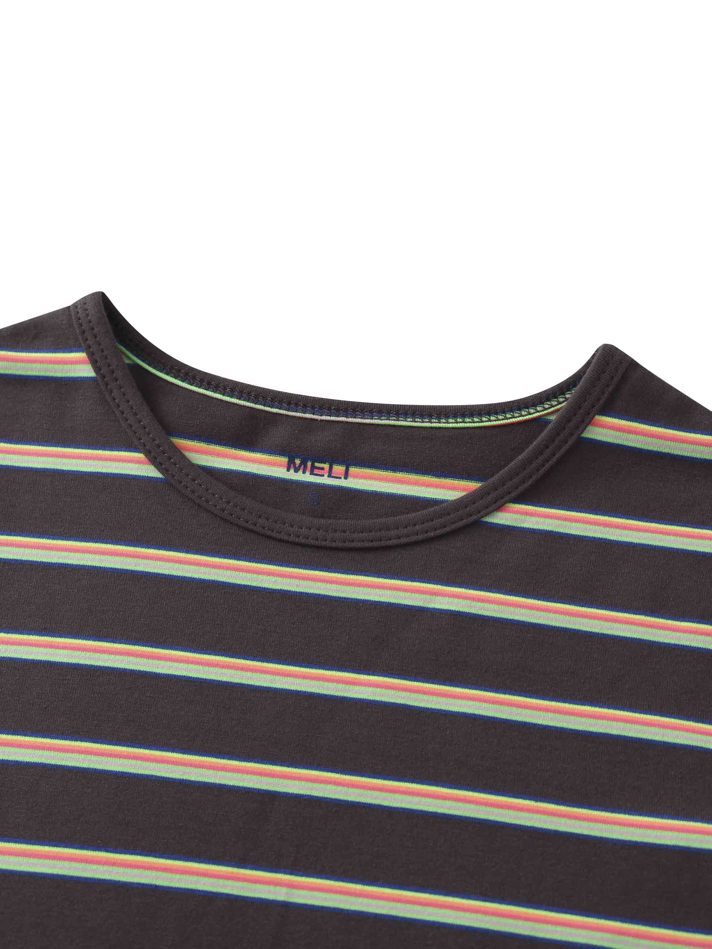 Flat Striped Crew Tee 3Q-Charcoal Grey/Neon Stripe