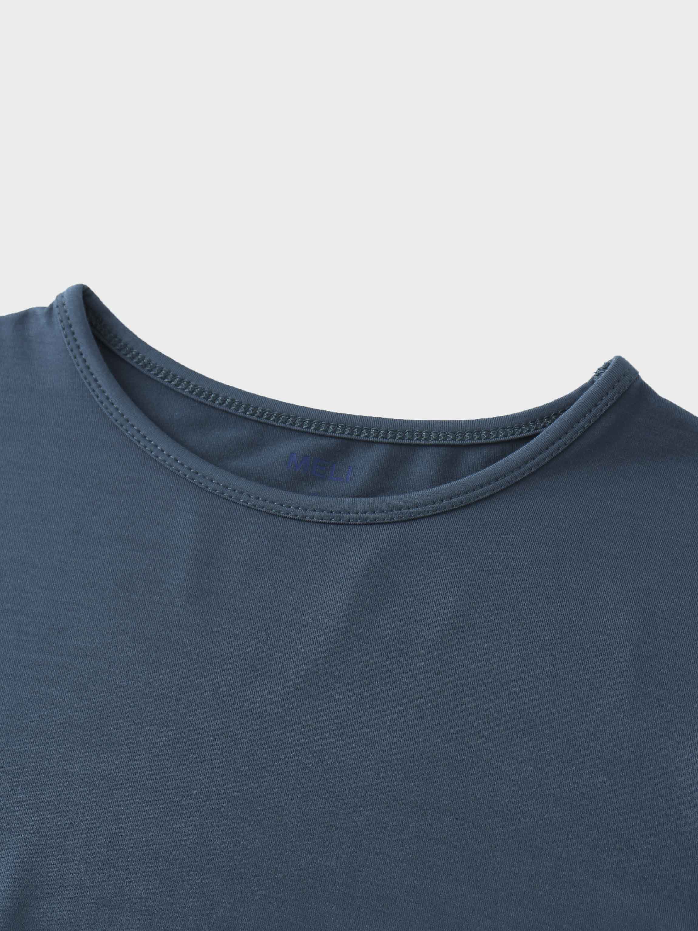 Curved Gathered Detailed T-Shirt-Denim Blue