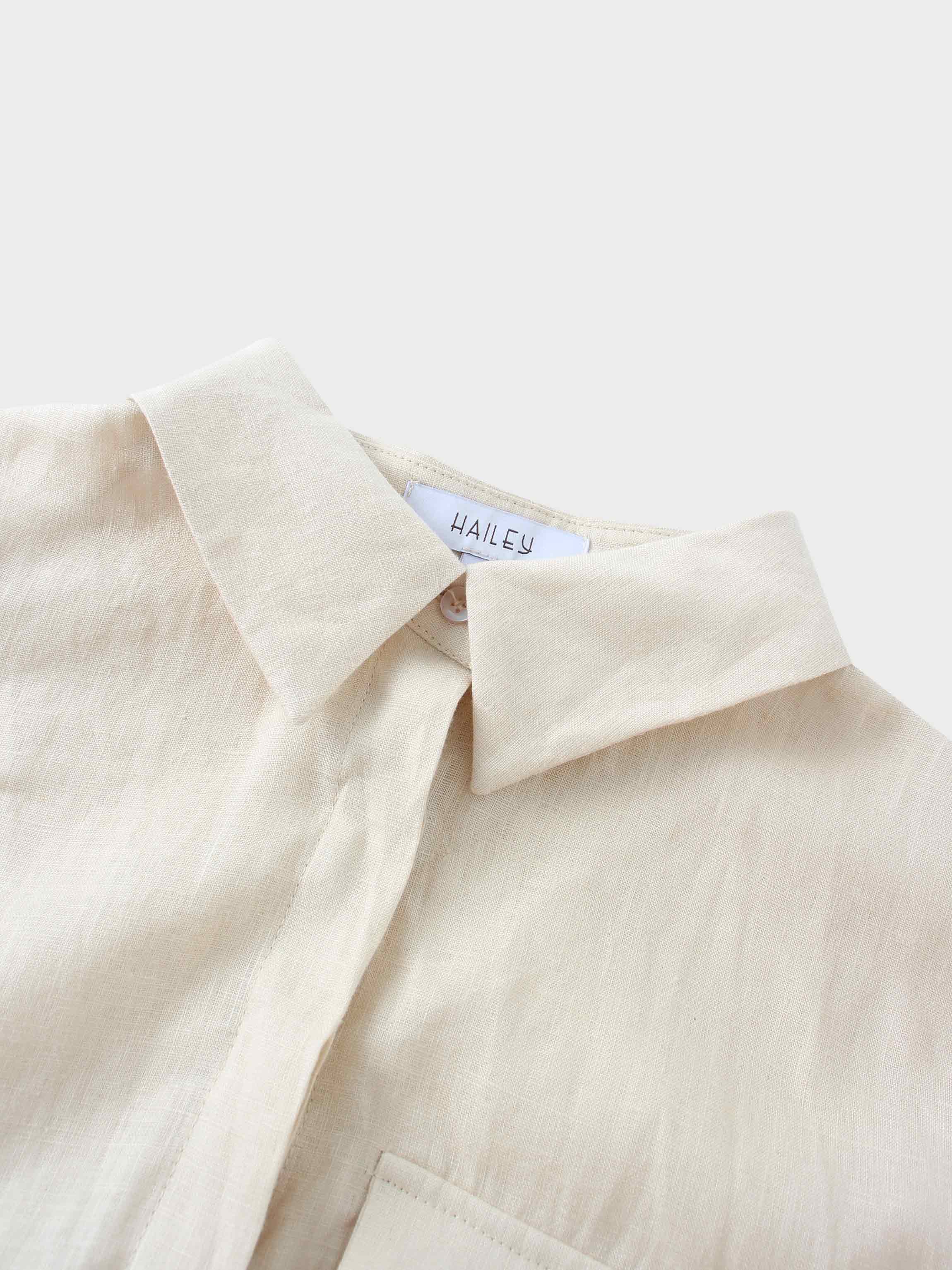 Drawstring Button Down Linen Top-Ecru