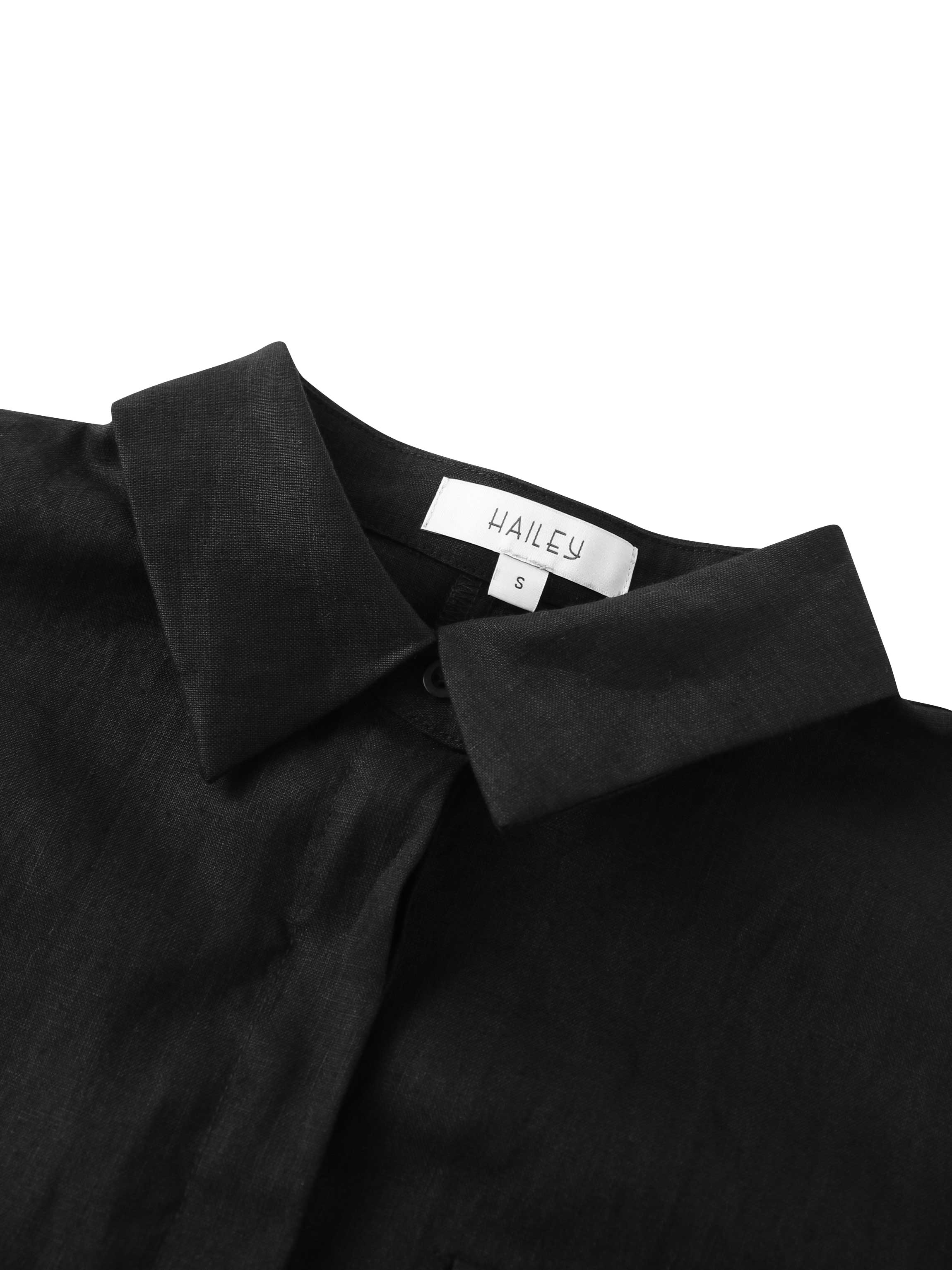 Drawstring Button Down Linen Top-Black