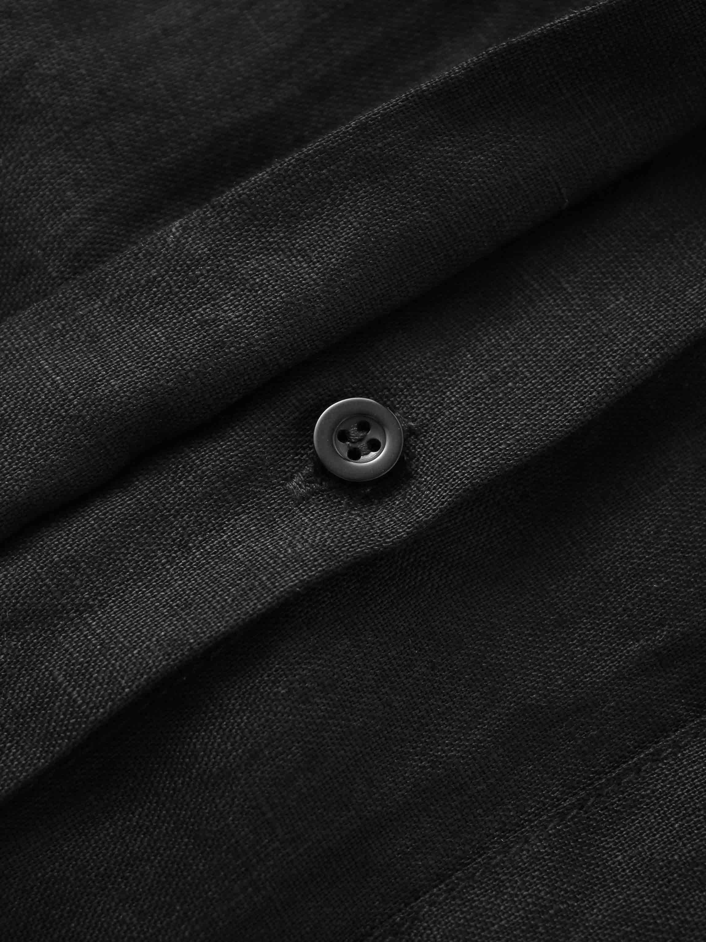 Drawstring Button Down Linen Top-Black