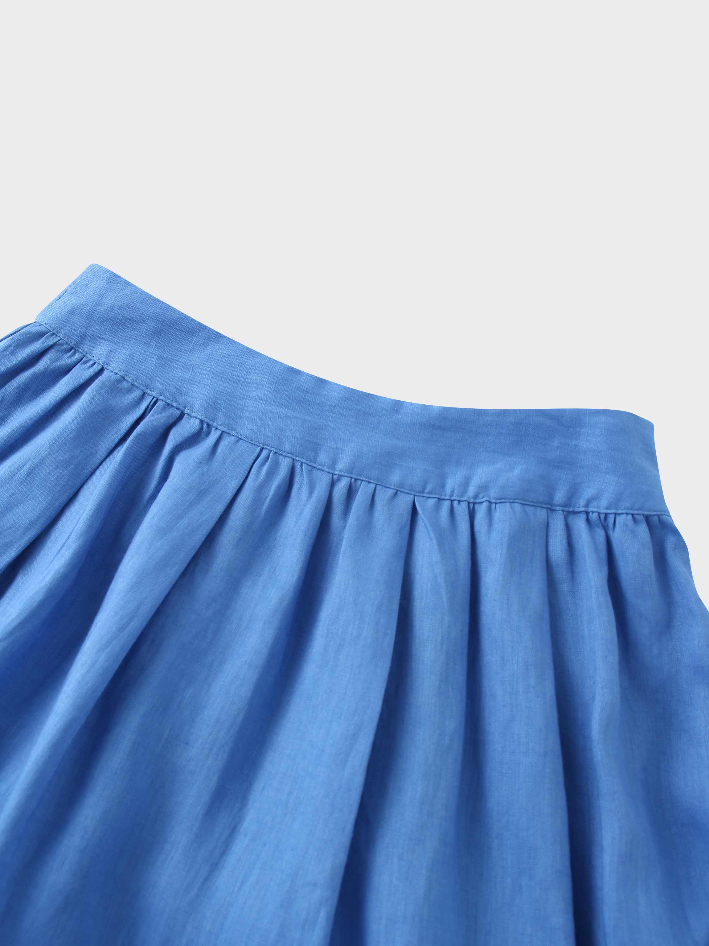 Gathered Waist Linen Skirt-Ocean Blue