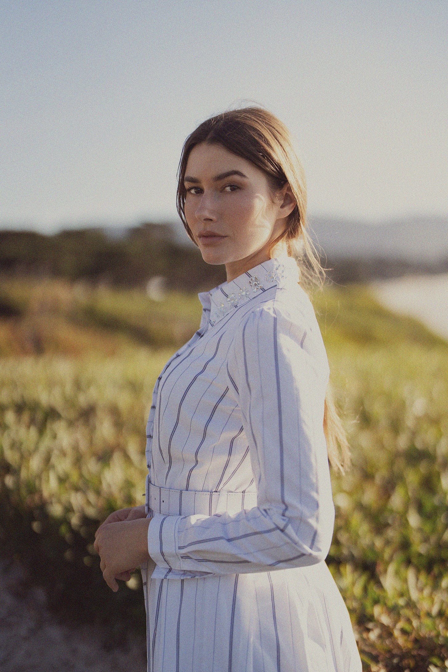 Jeweled Collar Belted Shirtdress-White Pinstripe