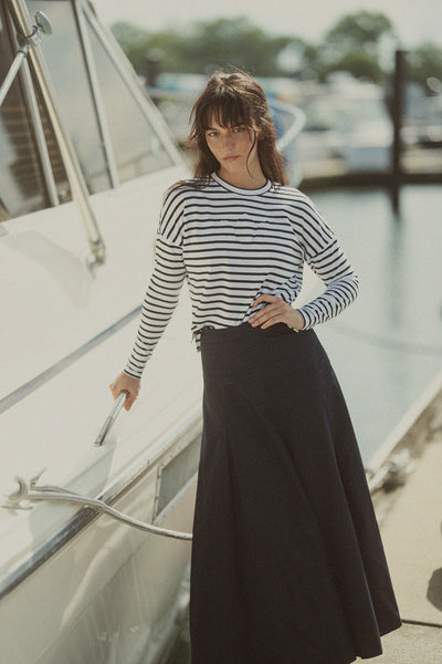Stitch Down Cotton Pleated Skirt-Navy