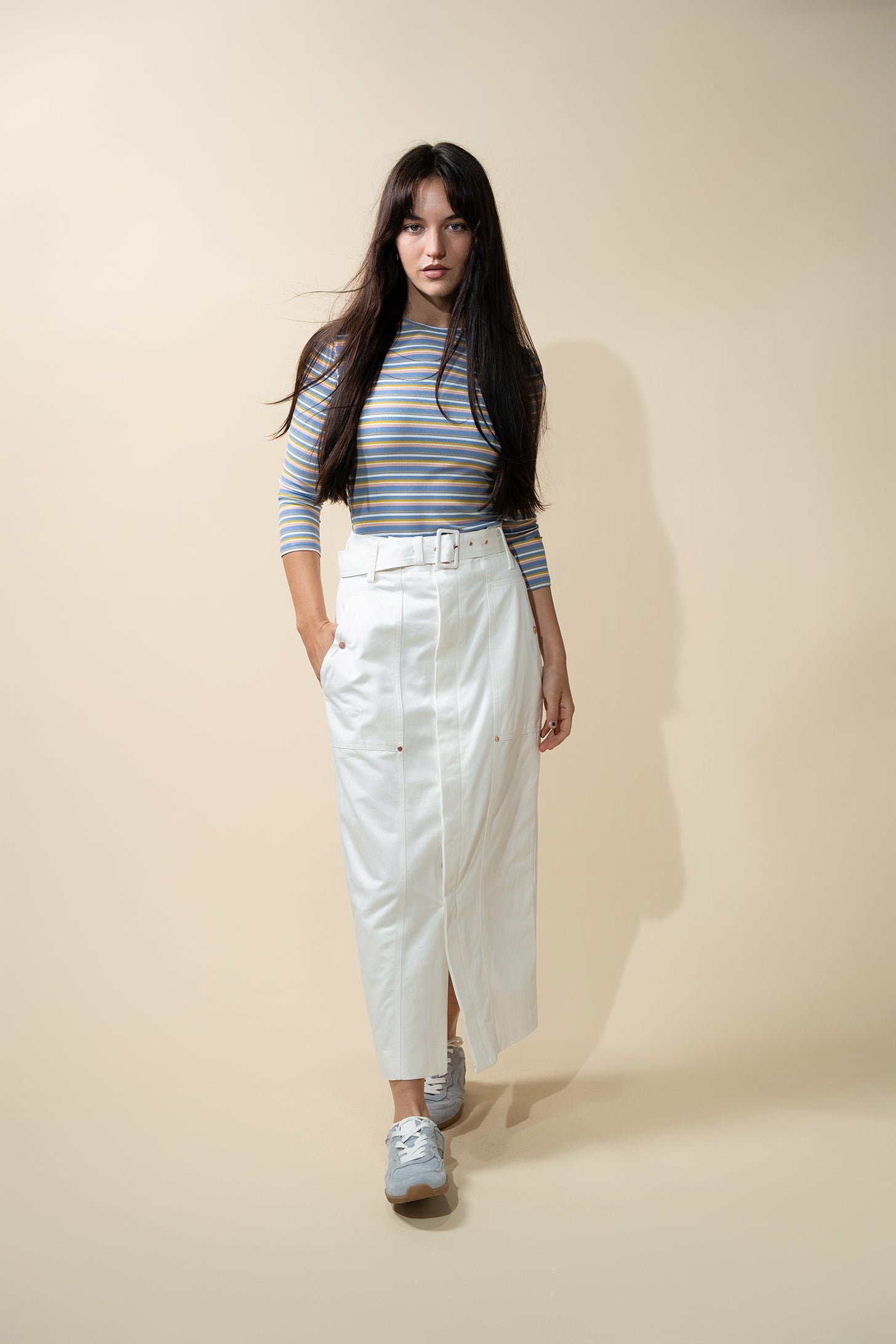 Belted Cotton Cargo Skirt-White