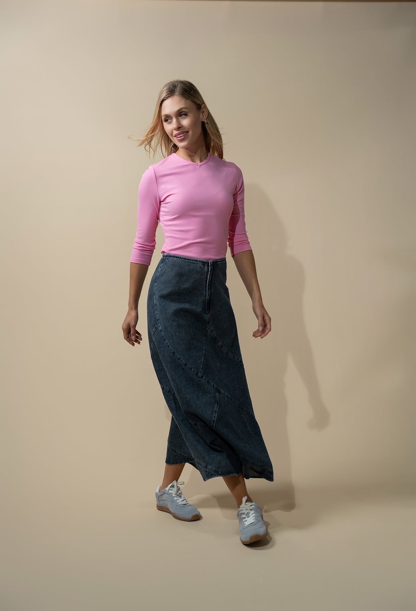 Seamed A-line Denim Skirt-Blue