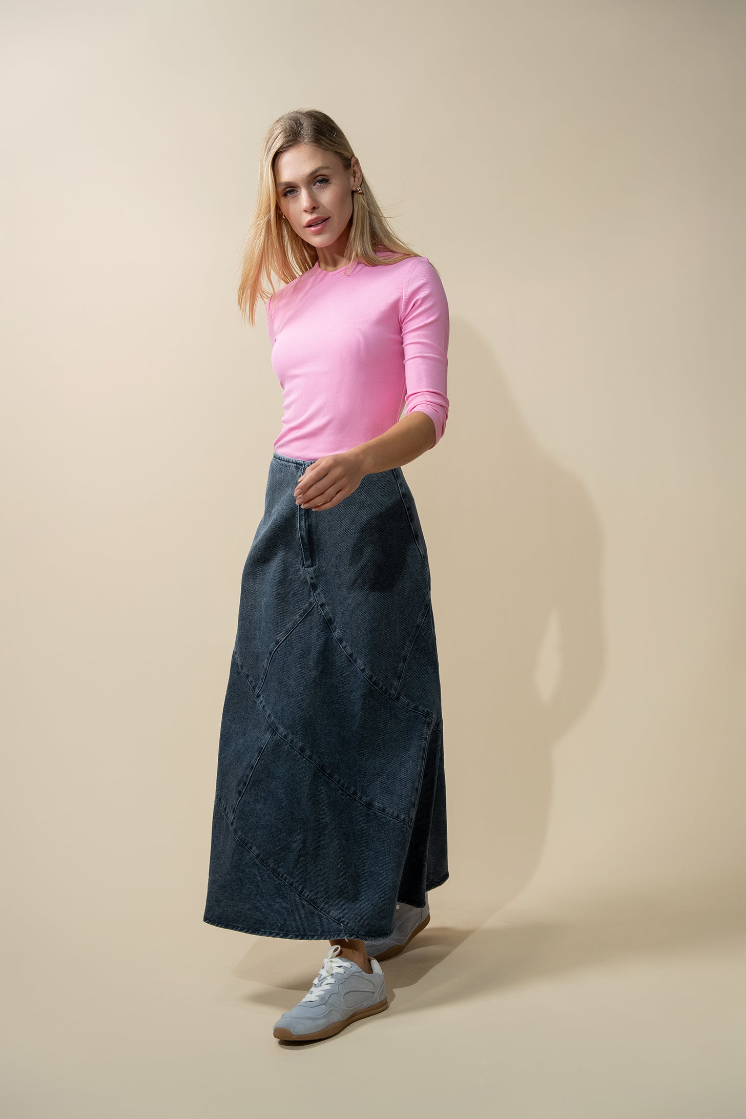 Seamed A-line Denim Skirt-Blue