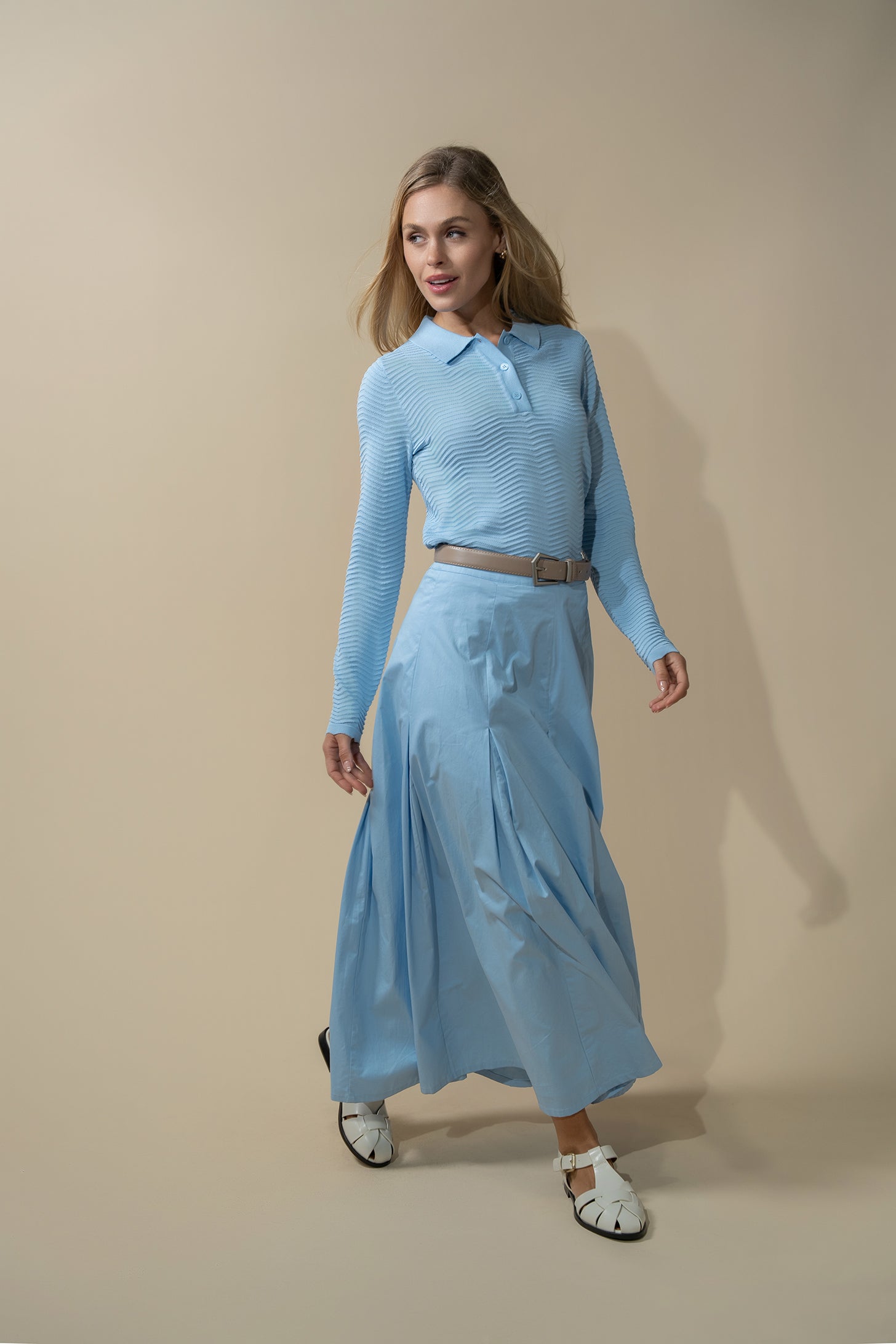 Stitch Down Cotton Pleated Skirt-Light Blue