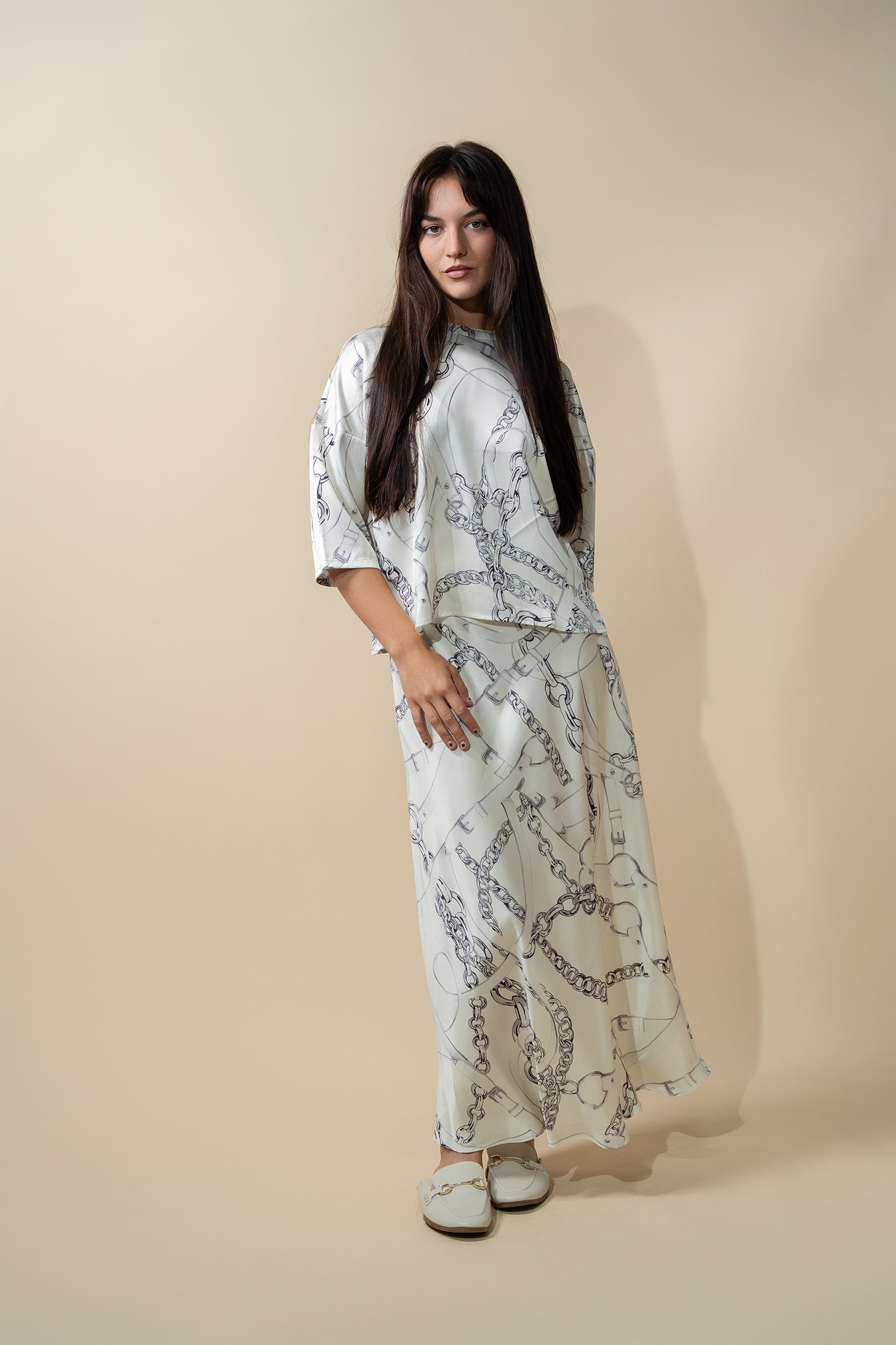 Printed Faux Satin Slip Skirt-Chain Design