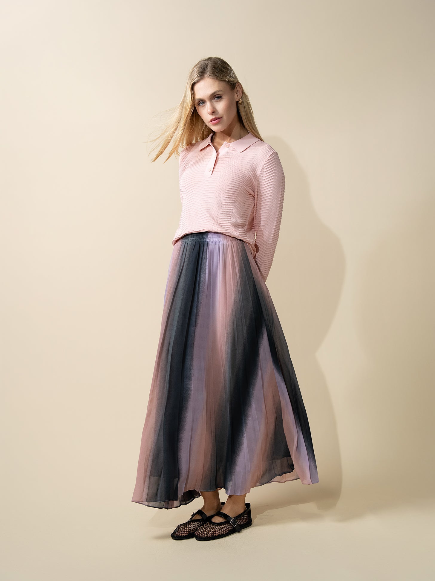 Covered Band Pleated Skirt-Pink Ombre