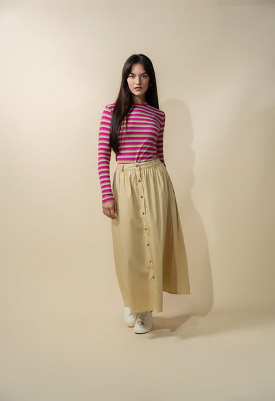 Multi Striped Ribbed Crew-Hot Pink/Tan