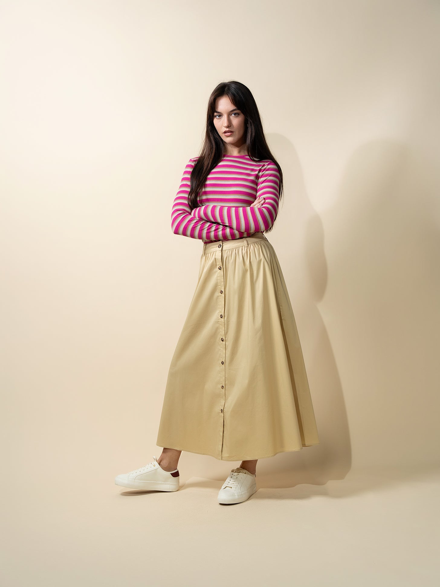 Button Down Cotton Blend Skirt-Tan