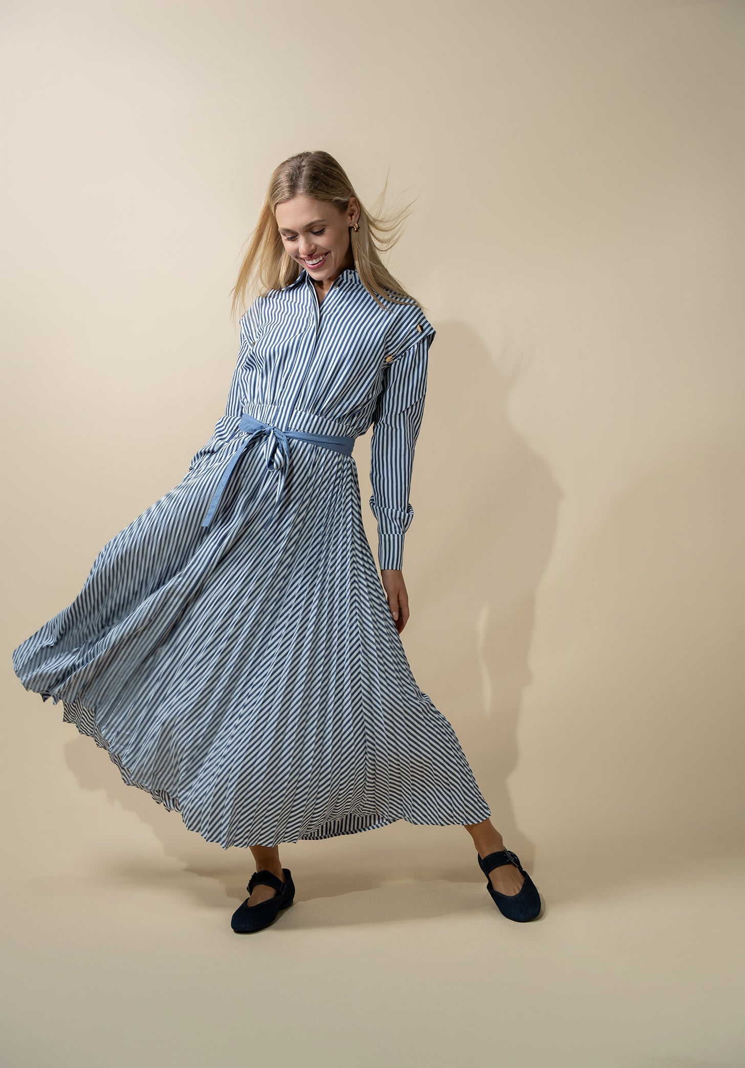 Pleat Bottom Waisted Shirtdress-Navy Pinstripe