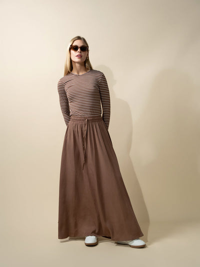 Flat Striped High V Long Sleeve-Brown/White