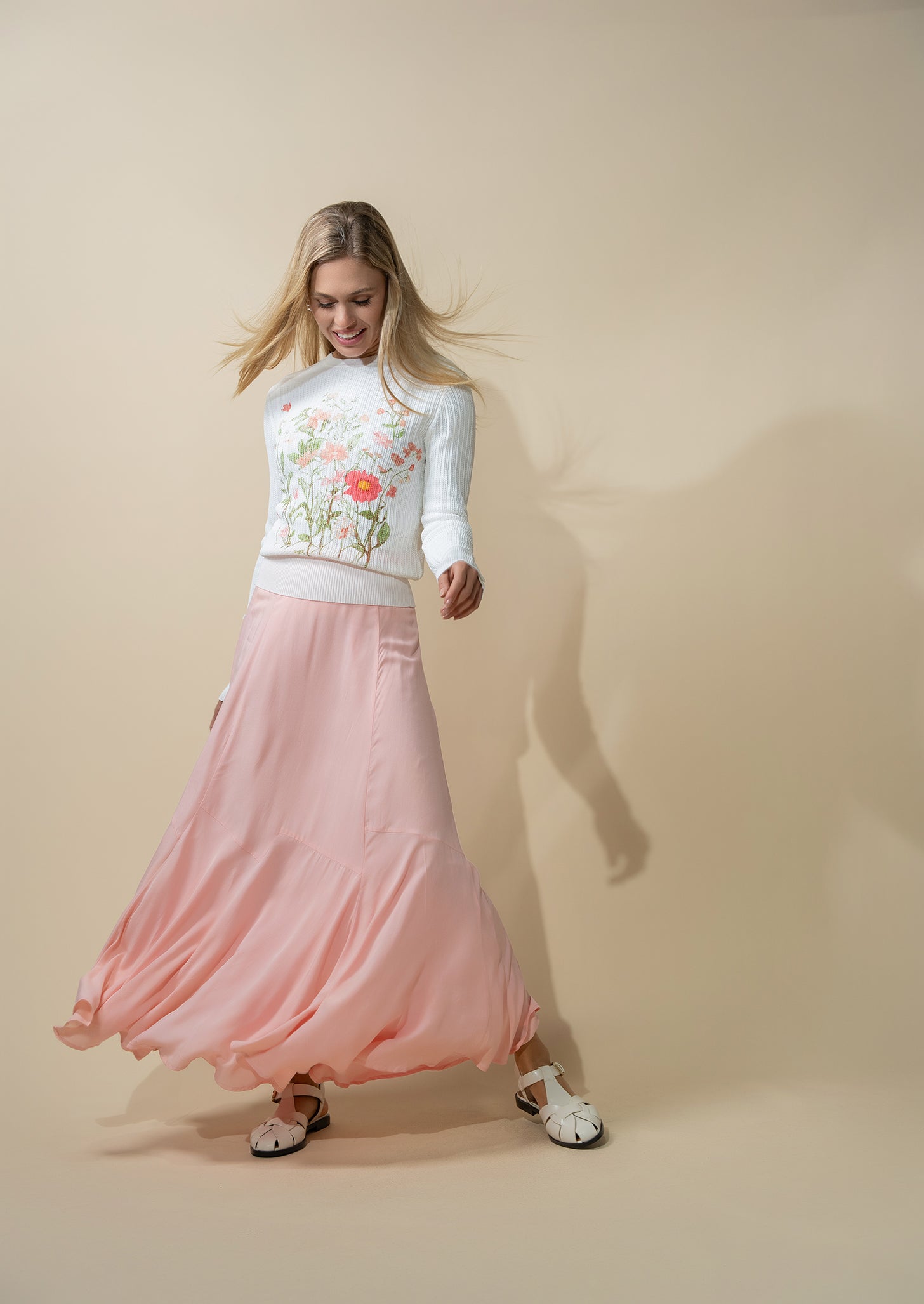 Printed Pointelle Sweater-White