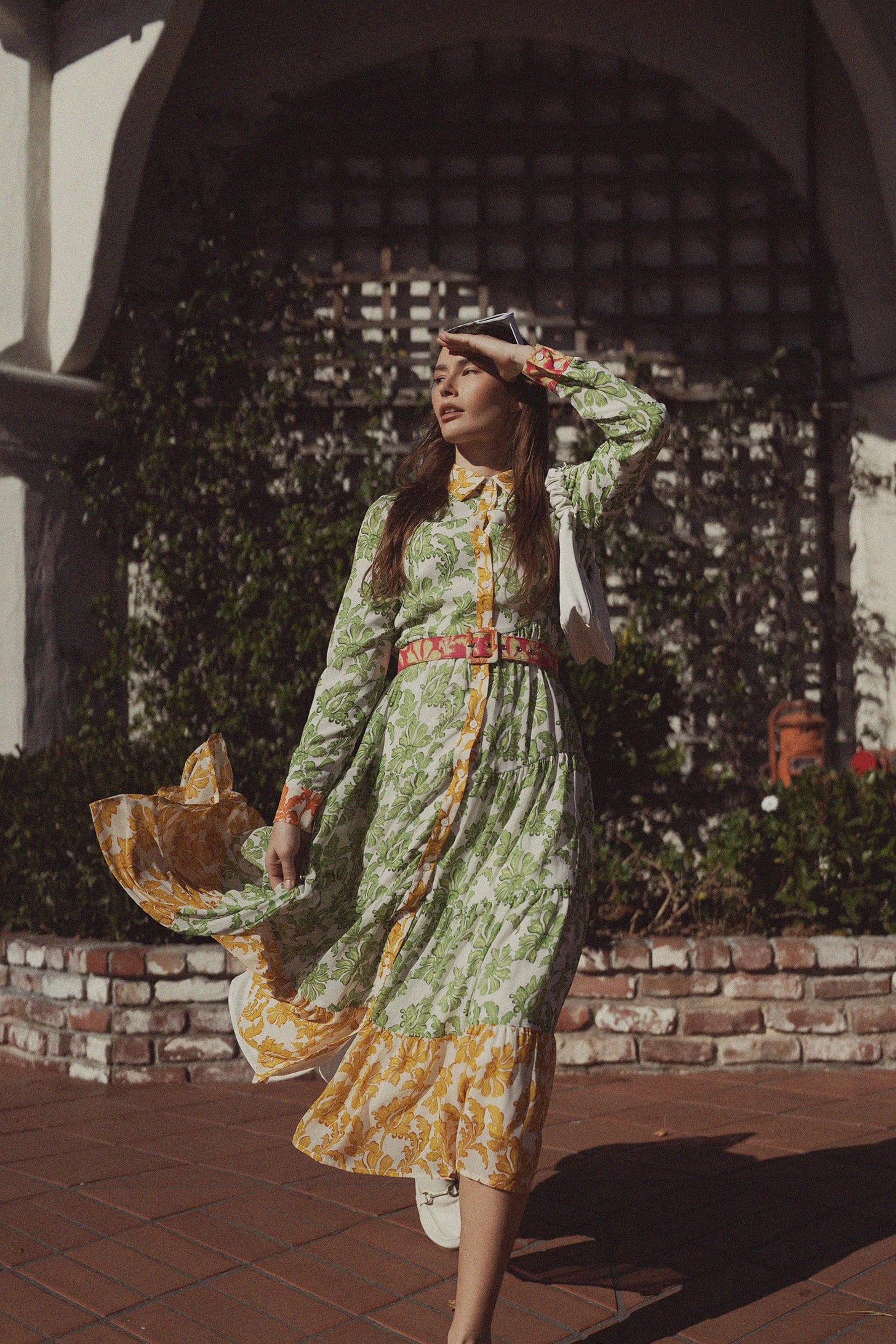 Belted Tiered Dress-Green Floral
