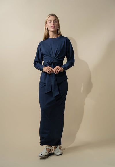 Straight Maxi Drawstring T-Shirt Skirt-Navy