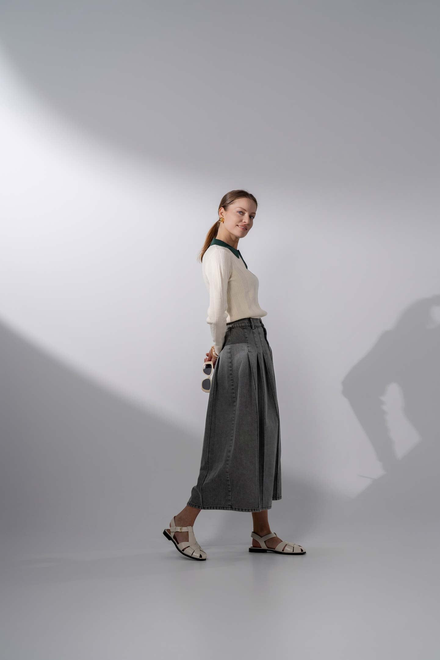 Knit Detail Collar Sweater-Cream/Green