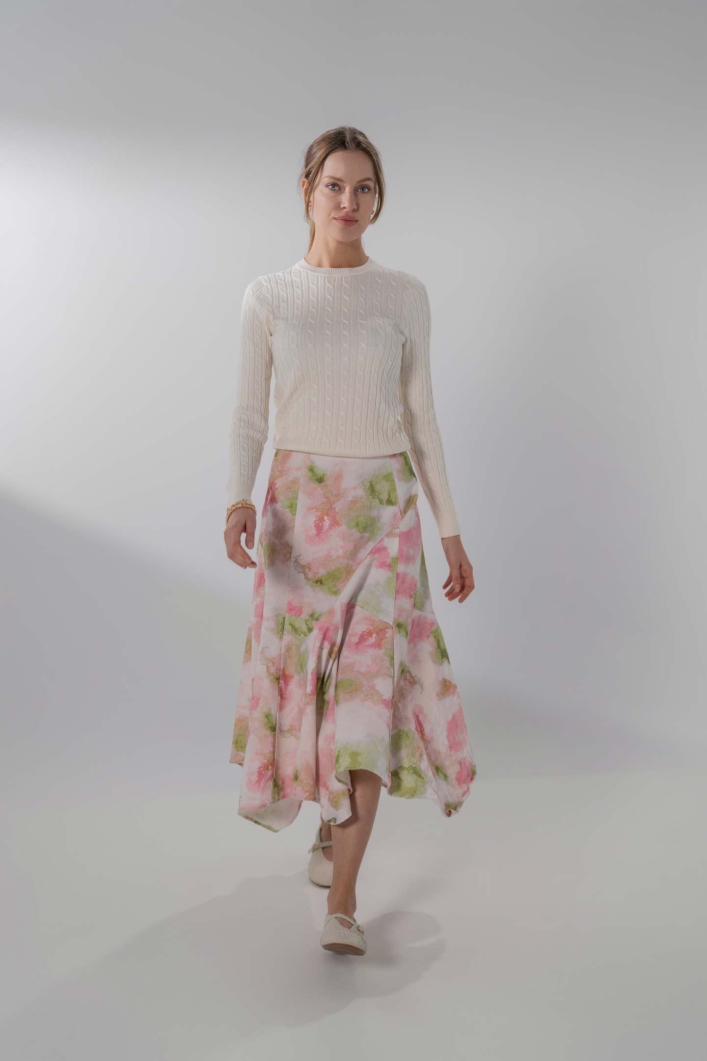 Printed Denim Trumpet Style Skirt-Pink/Green Floral