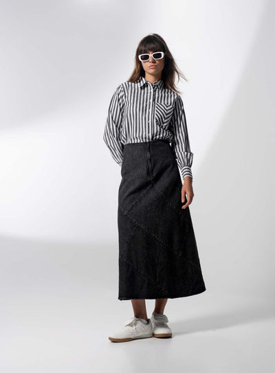 Striped Pocket Cotton Blouse-Black