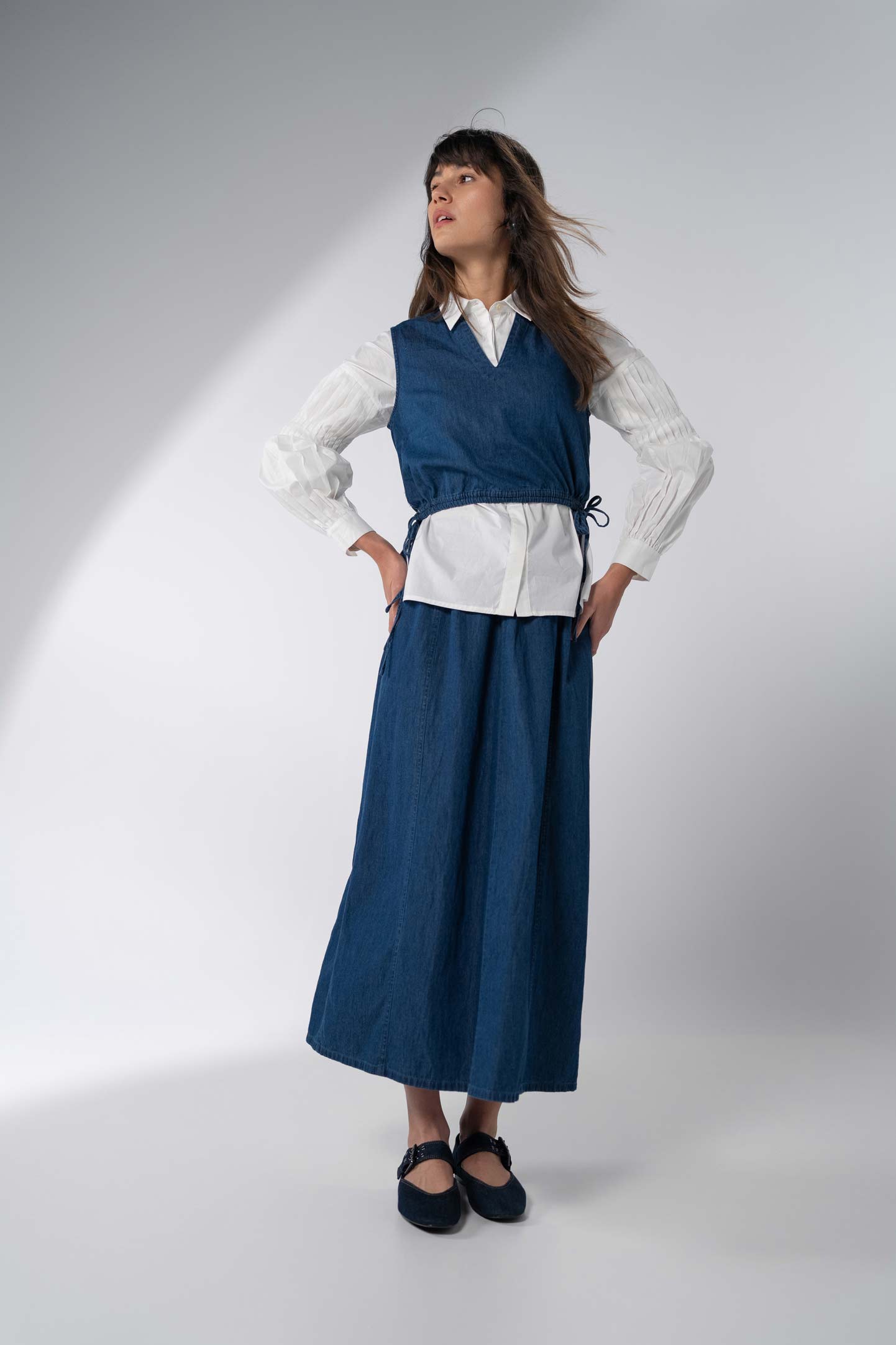 Elastic Waist Denim Skirt-Blue