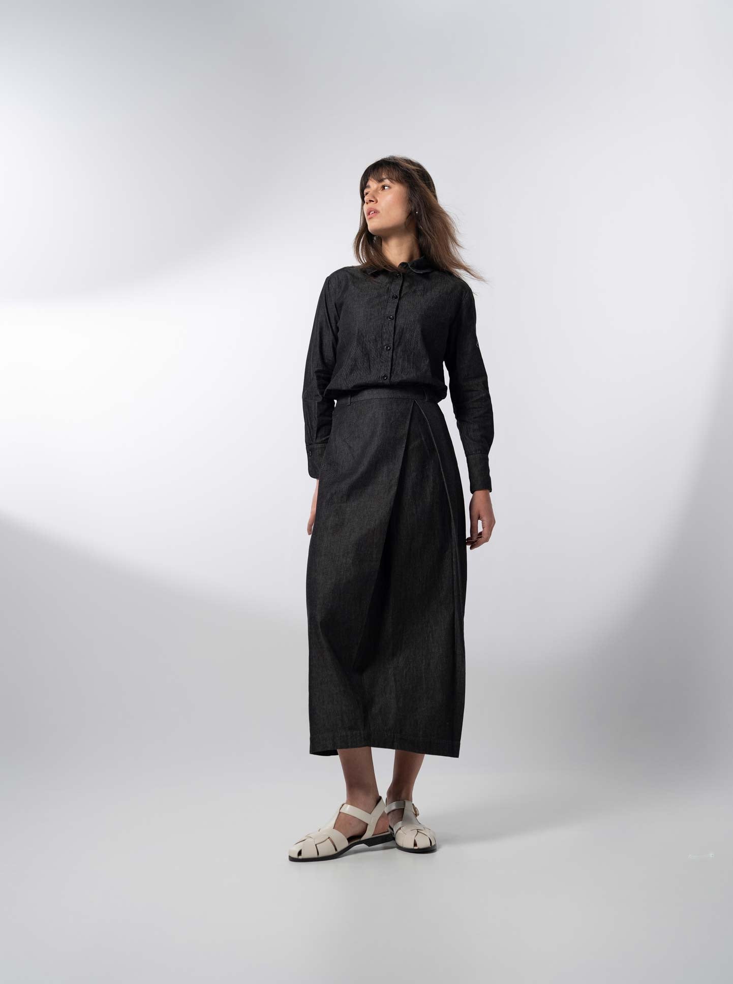 Denim Button Down Blouse-Black