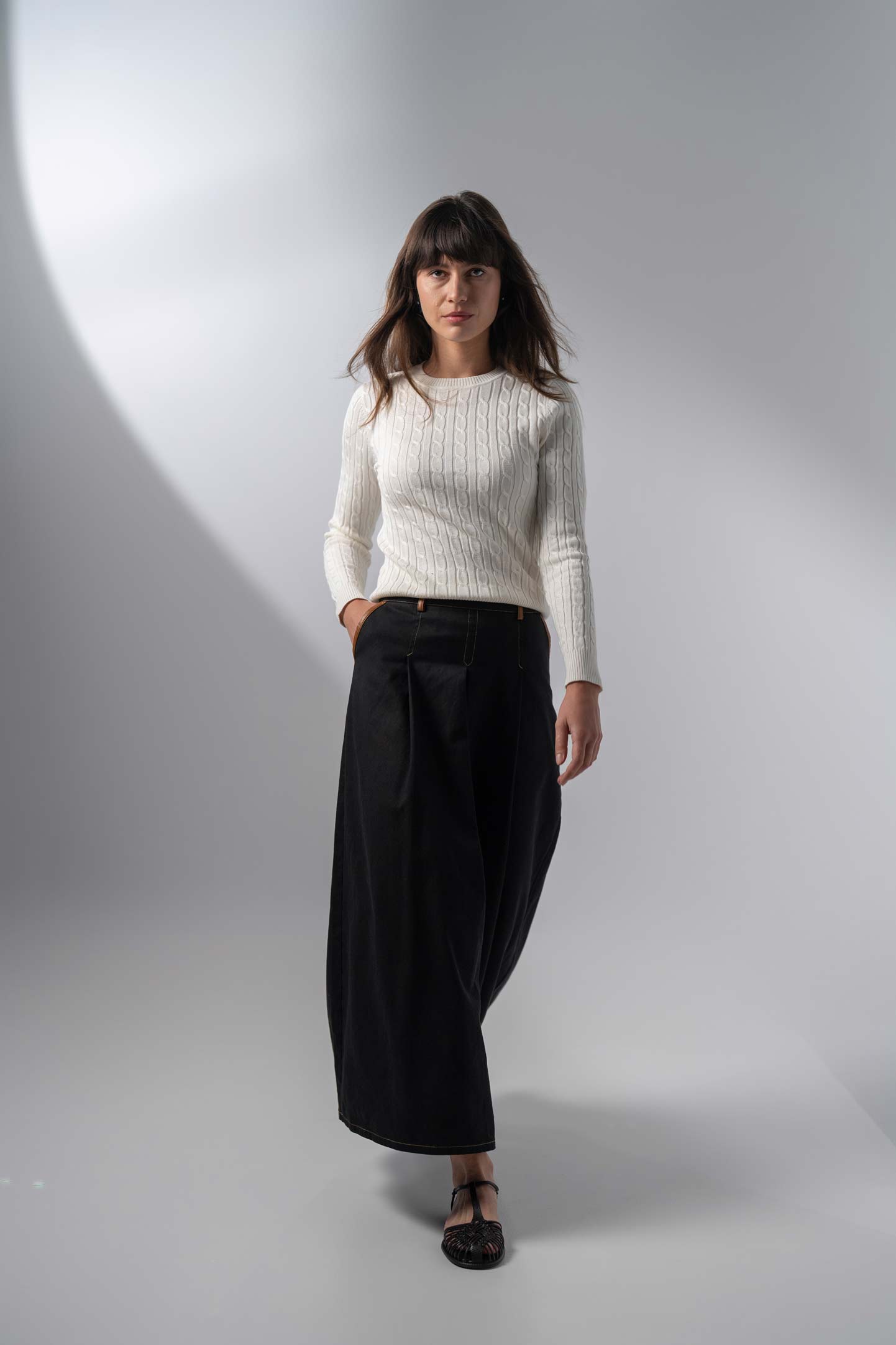 Leather Trim Denim Skirt-Black