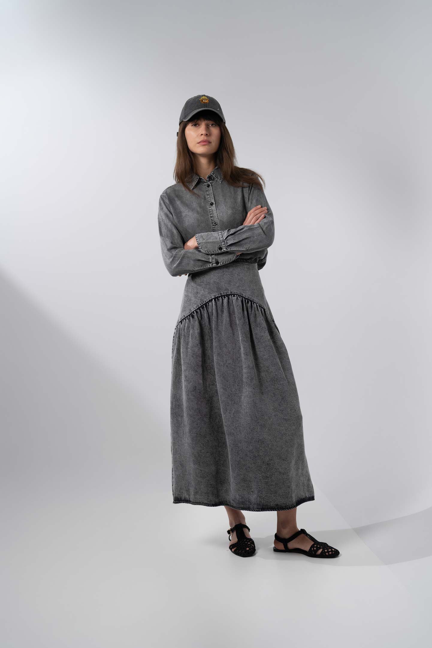 Curved Yoke Washed Denim Skirt 37"-Washed Black