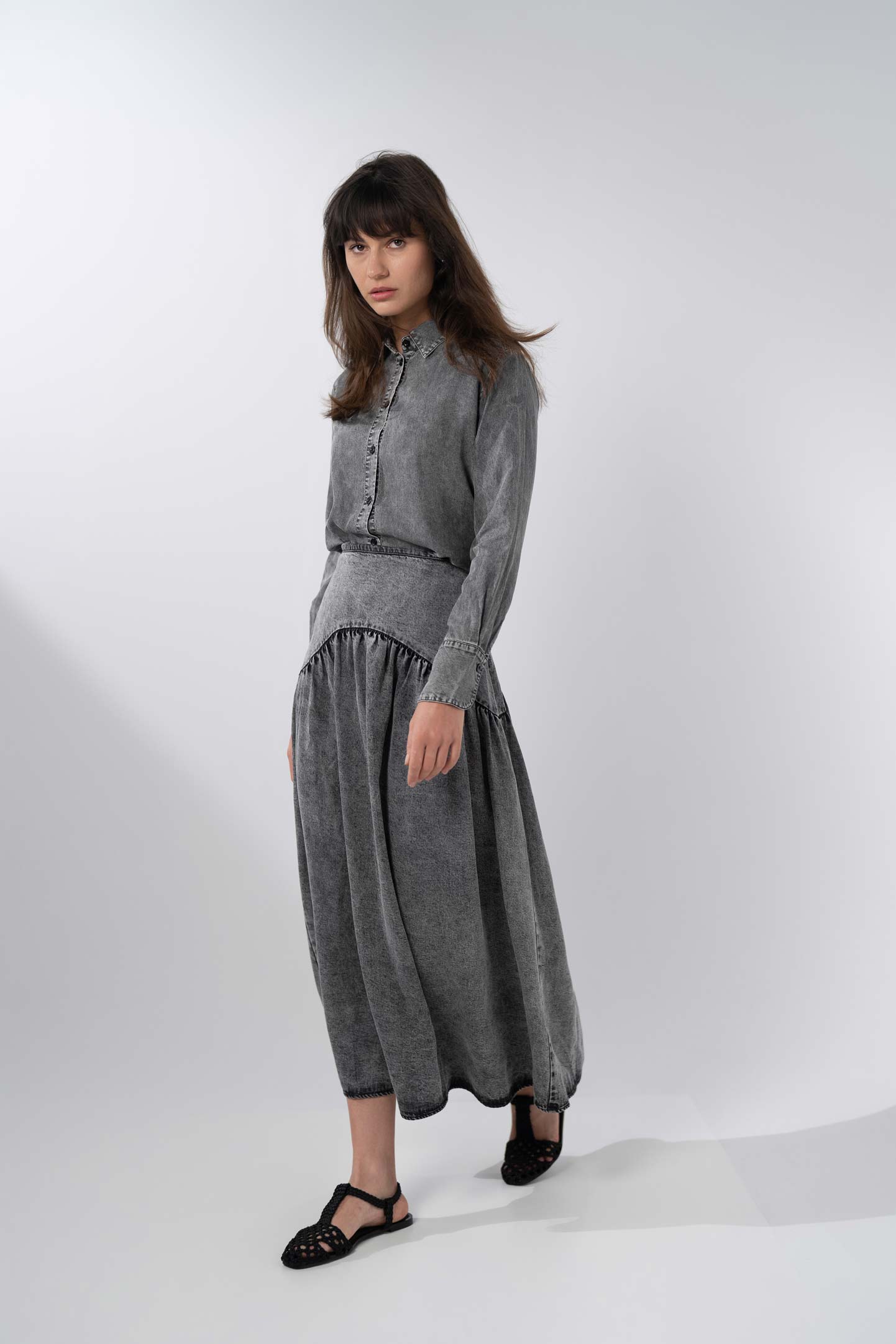 Curved Yoke Washed Denim Skirt 37"-Washed Black