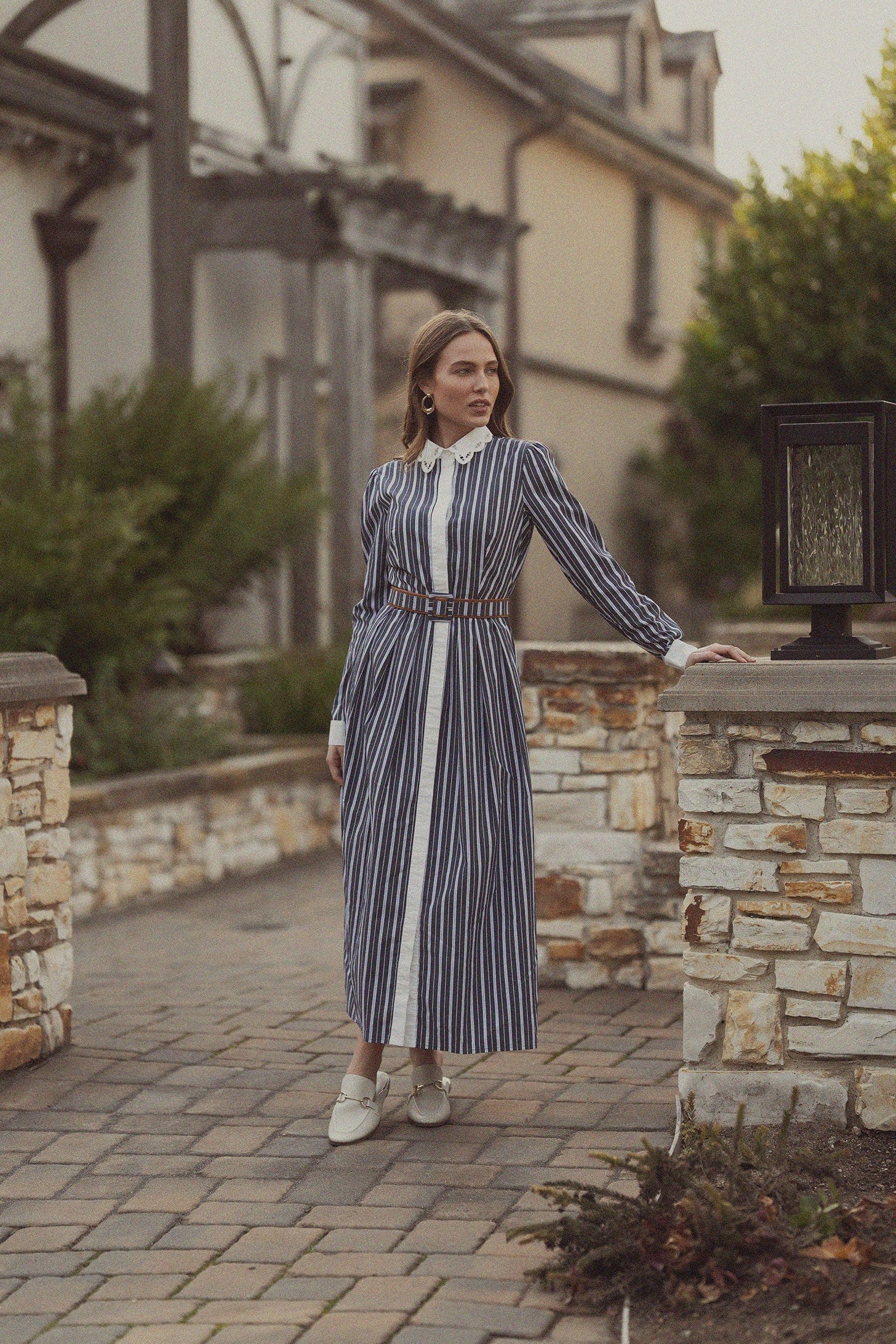 Scalloped Collar Shirtdress-Pinstripe