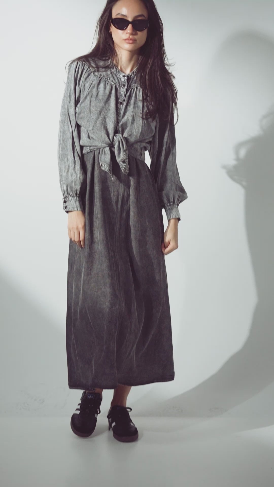 gathered top blouse-washed black denim