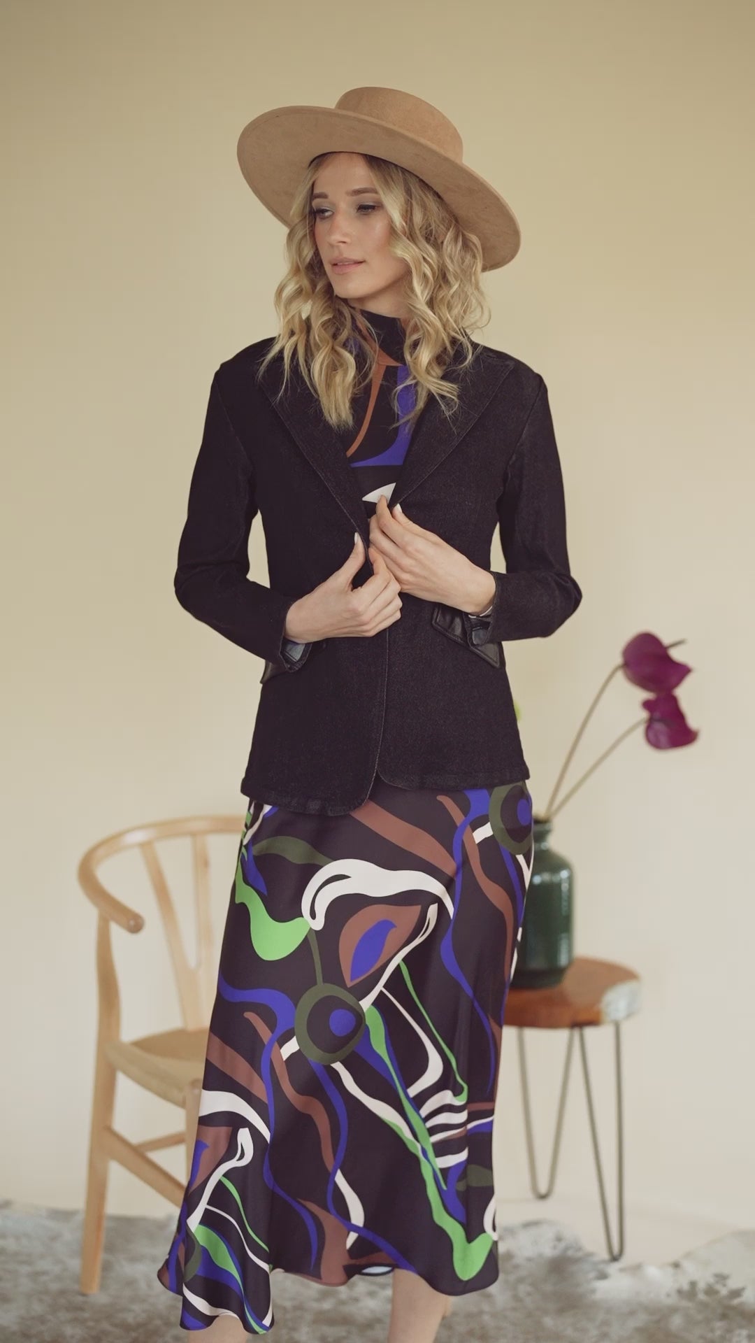 leather pocket denim blazer-black